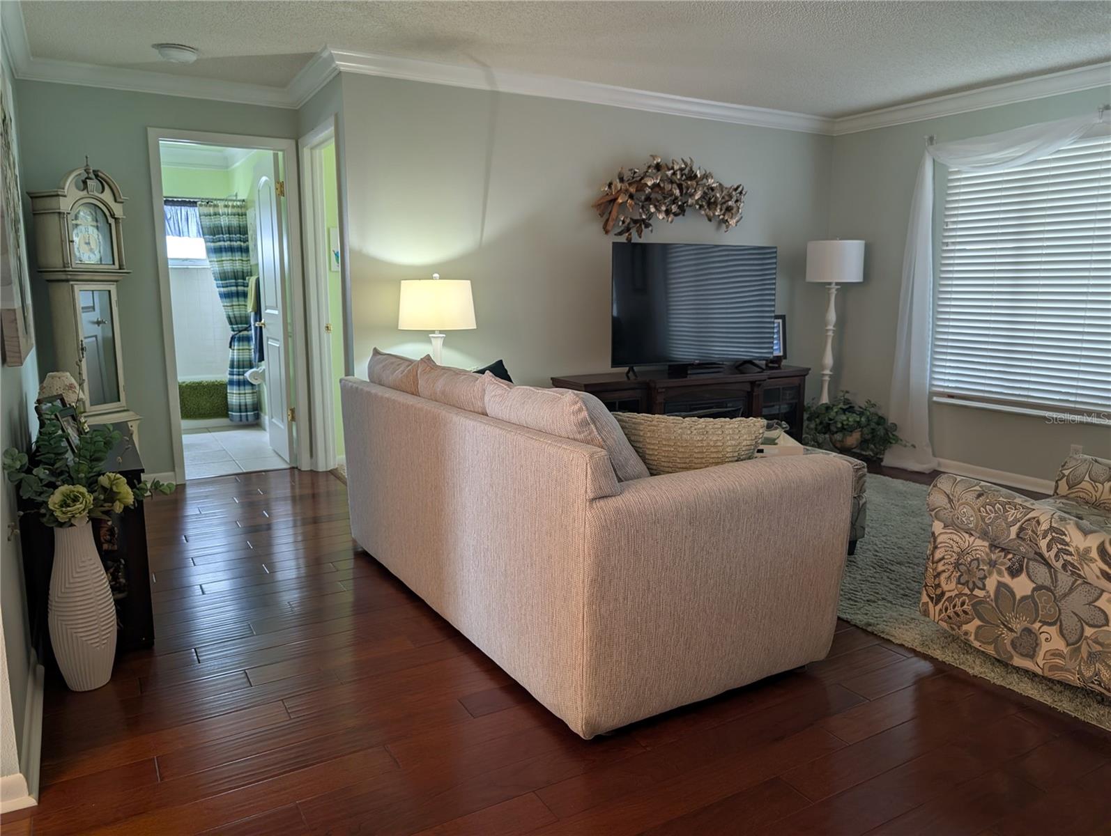 Main bath and guest bedroom off living room.