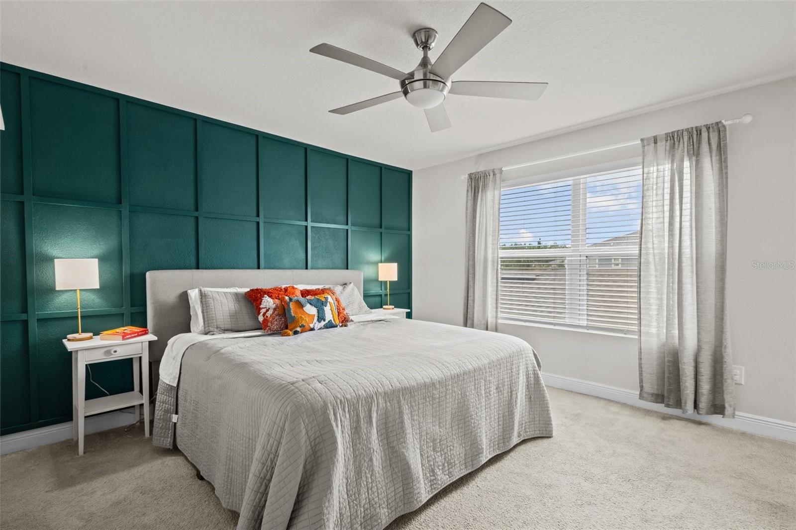 Primary Bedroom Upstairs, custom accent wall woodworking.