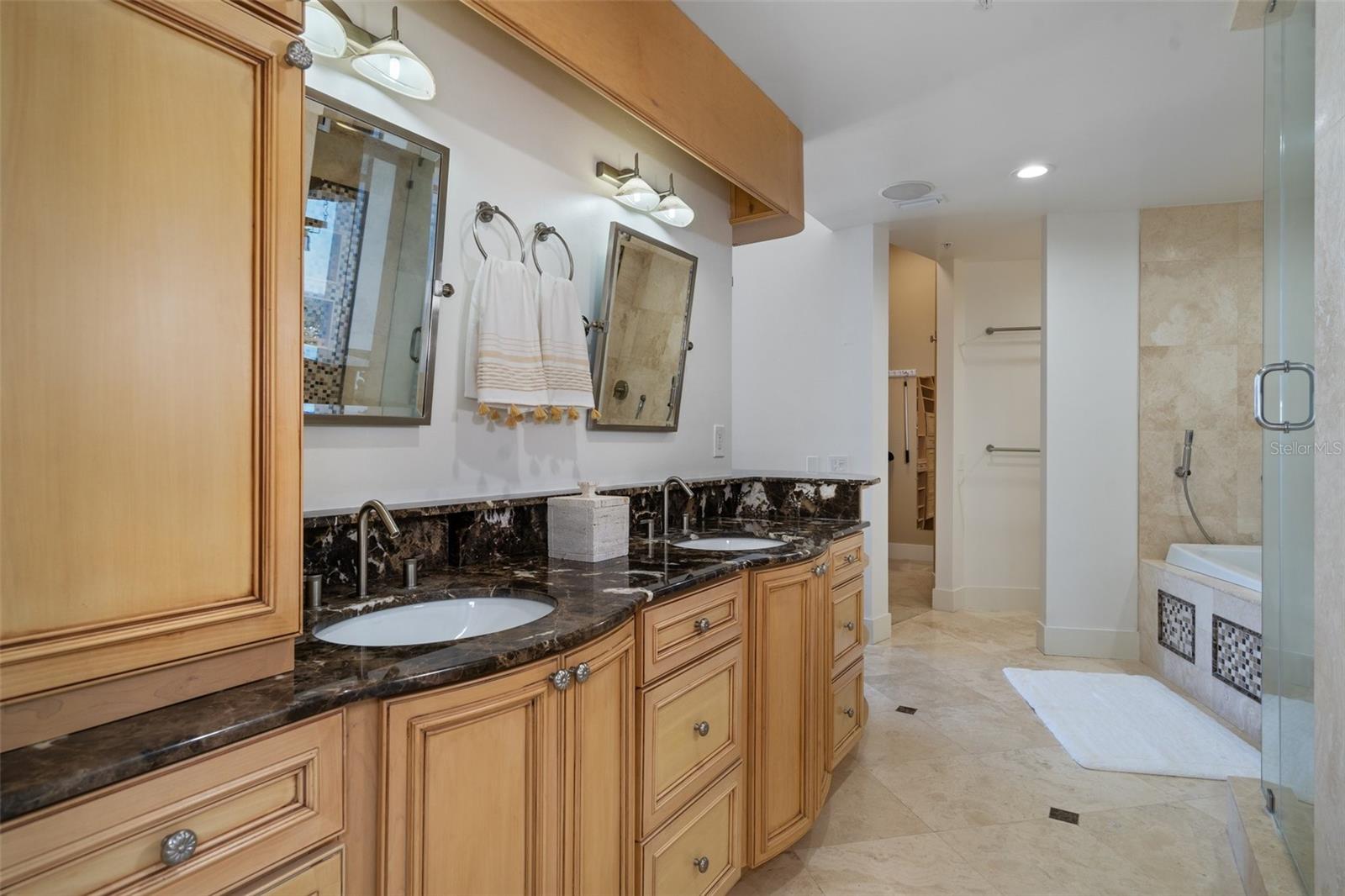 The spa-like primary bathroom includes a garden tub with jets, and a sleek custom-tiled shower.