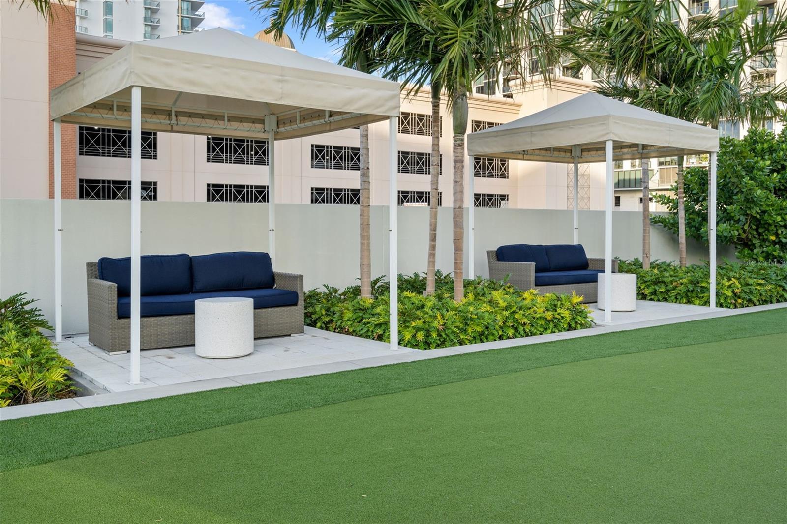 Lounging areas provide plenty of shade and sweeping panoramic views of the water.