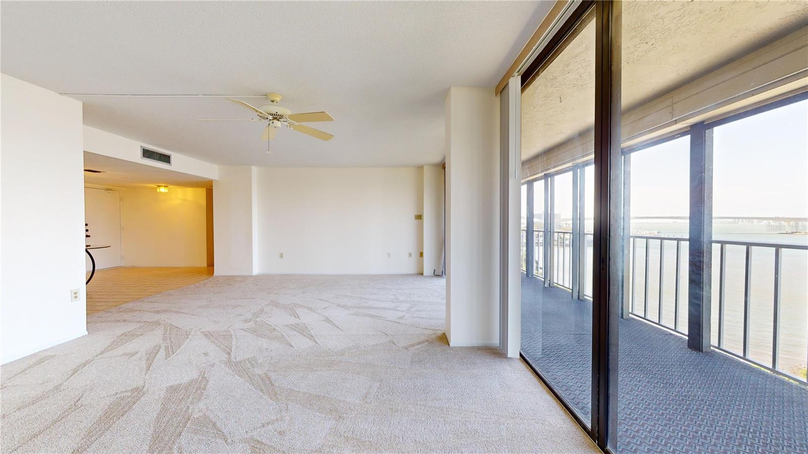 Large living room with water views