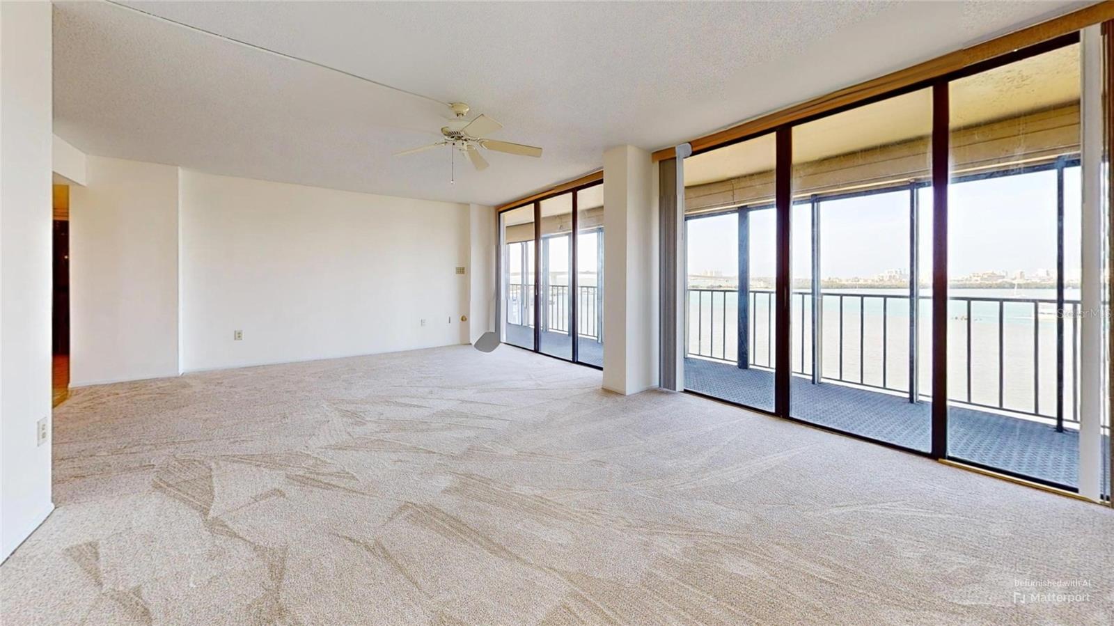 Large living room with water views