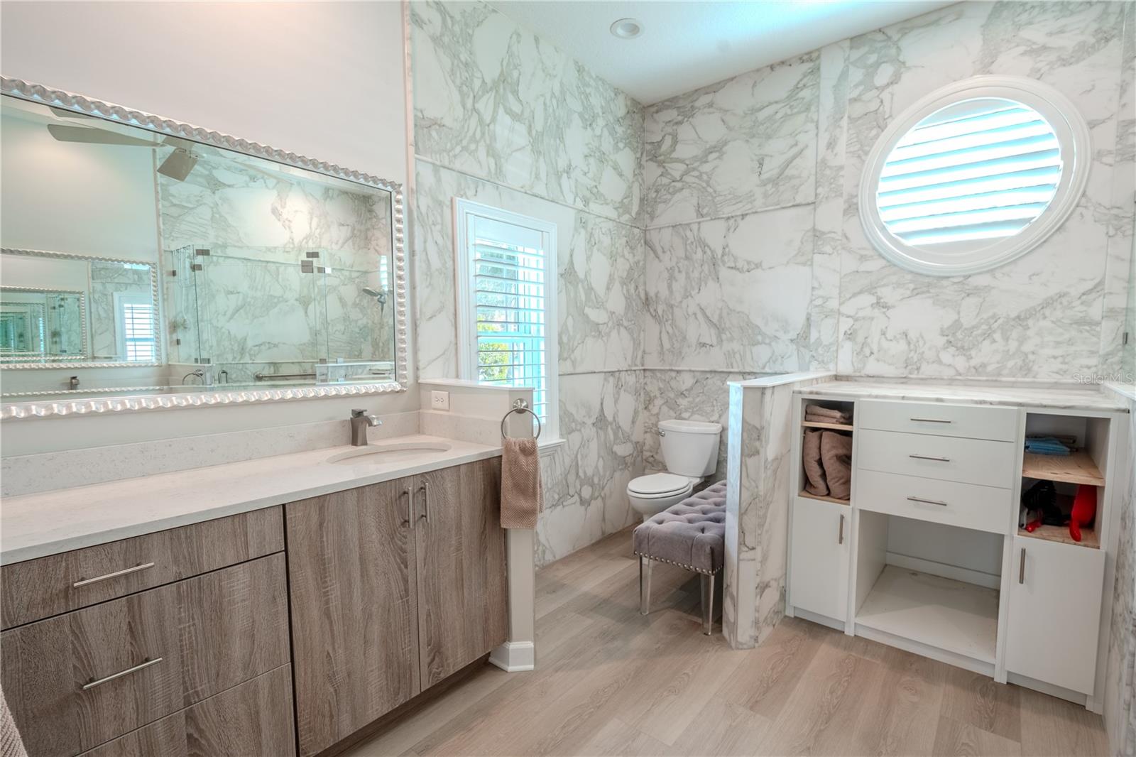 Built in cabinet in master bath (center back wall).