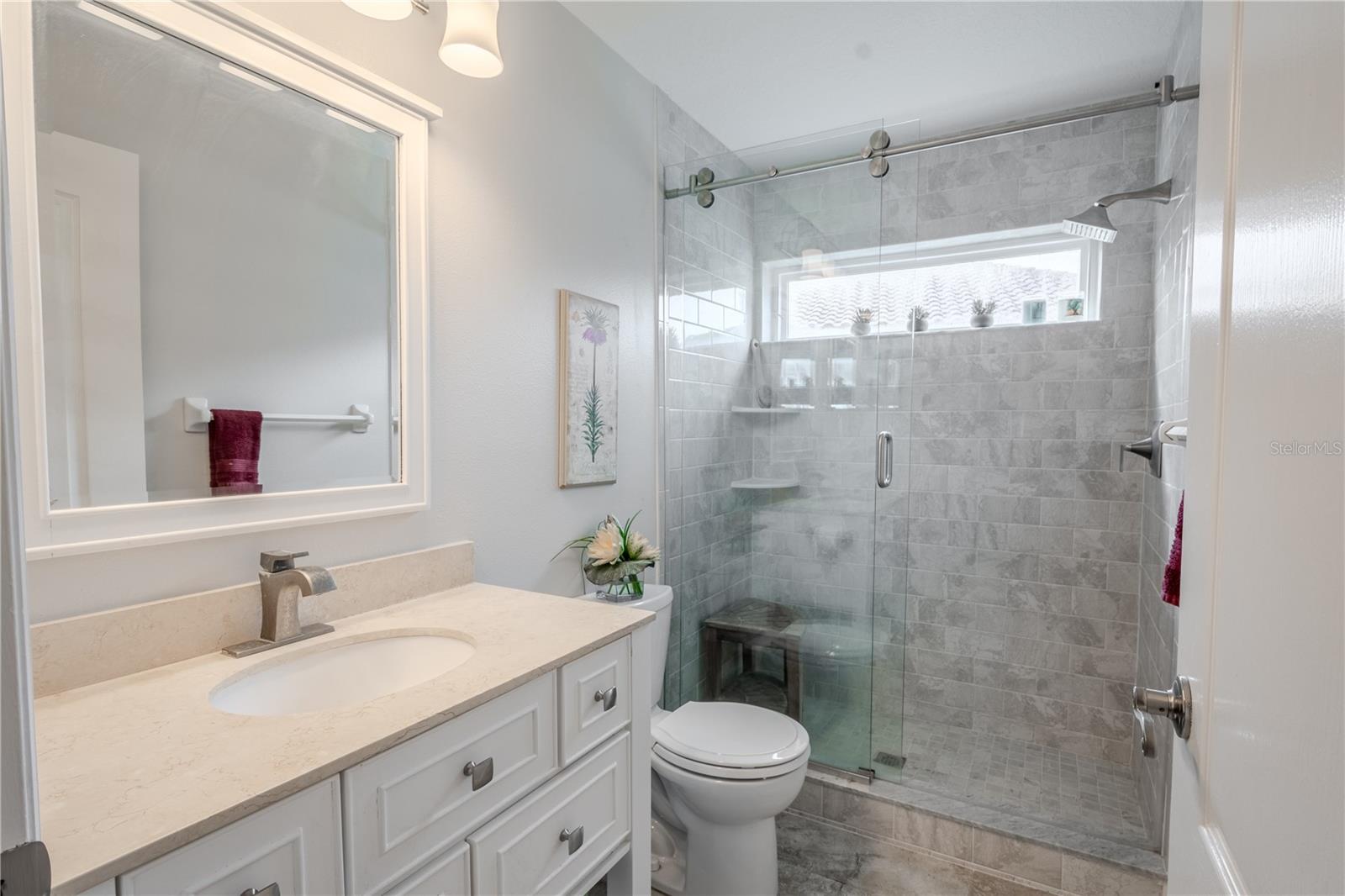 Bathroom features a mirrored vanity with down light fixture and a glass enclosed walk-in shower.