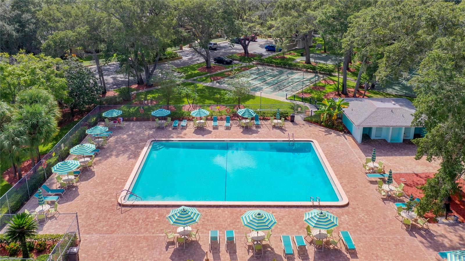 Aerial View of Pool & Bathhouse/Sauna