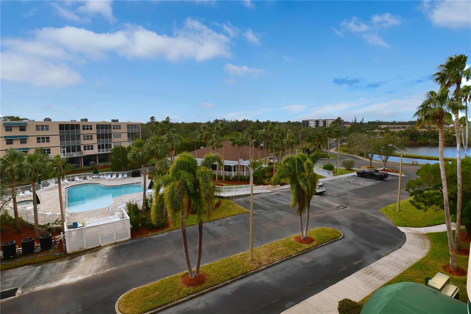 View from front door of pool and clubhouse