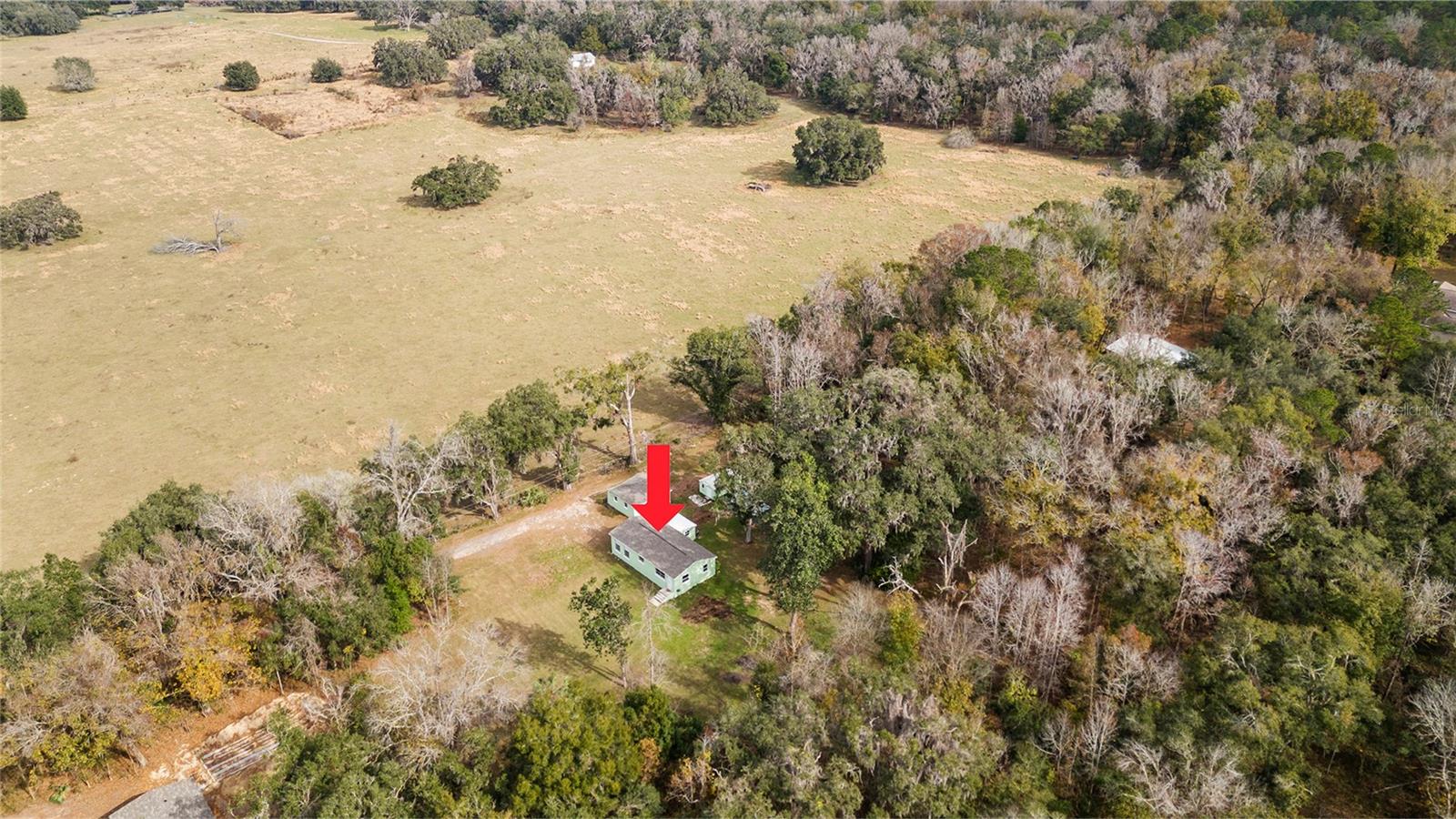 Ariel view of the serene 2.5 acre property with a 3/2 cement block one story home in an X flood Zone, (zoned Agricultural) with a detached 2-car garage, a storage shed, and an RV dumpstation.  Lined with trees for privacy and added seclusion. You'll love being surrounded by nature & one neighbor has a vast horse and cow pasture with acres of land.