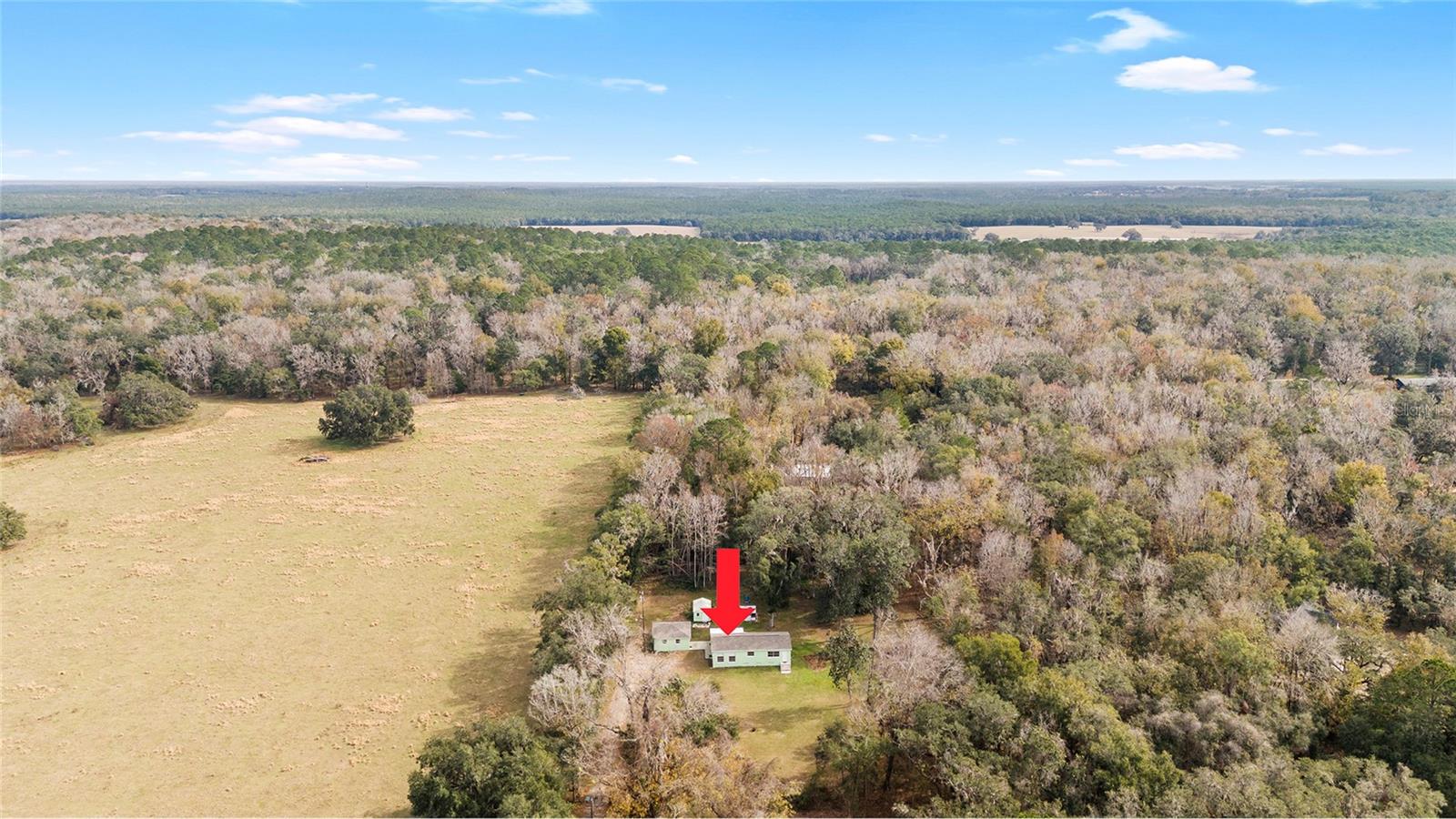 Ariel view of the serene 2.5 acre property with a 3/2 cement block one story home in an X flood Zone with a detached 2-car garage, and a storage shed, and an RV dumpstation.  Lined with trees for privacy. Surrounded by nature & one neighbor has a vast horse and cow pasture with acres of land.