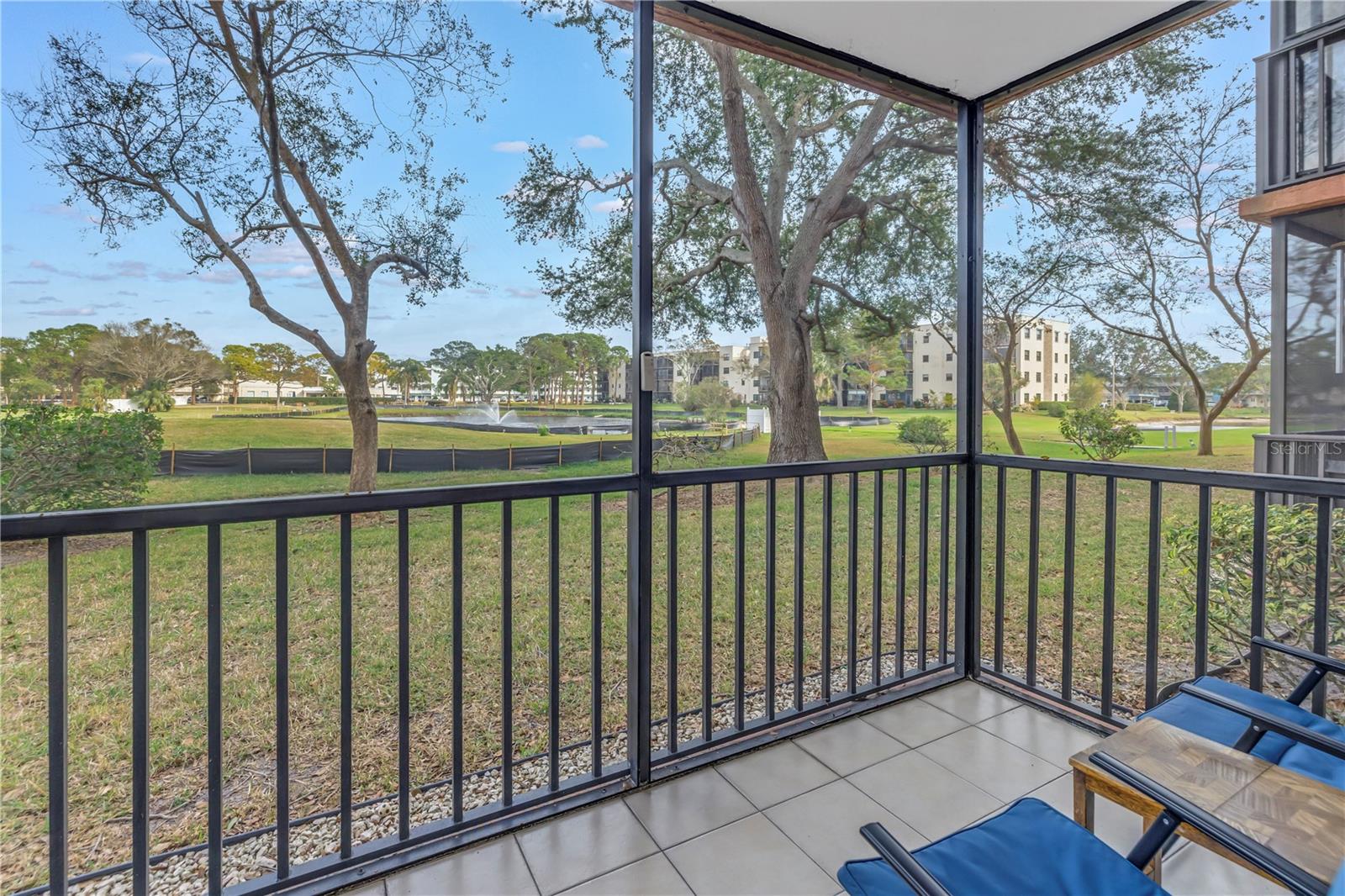 A covered, screened lanai that showcases peaceful pond views.