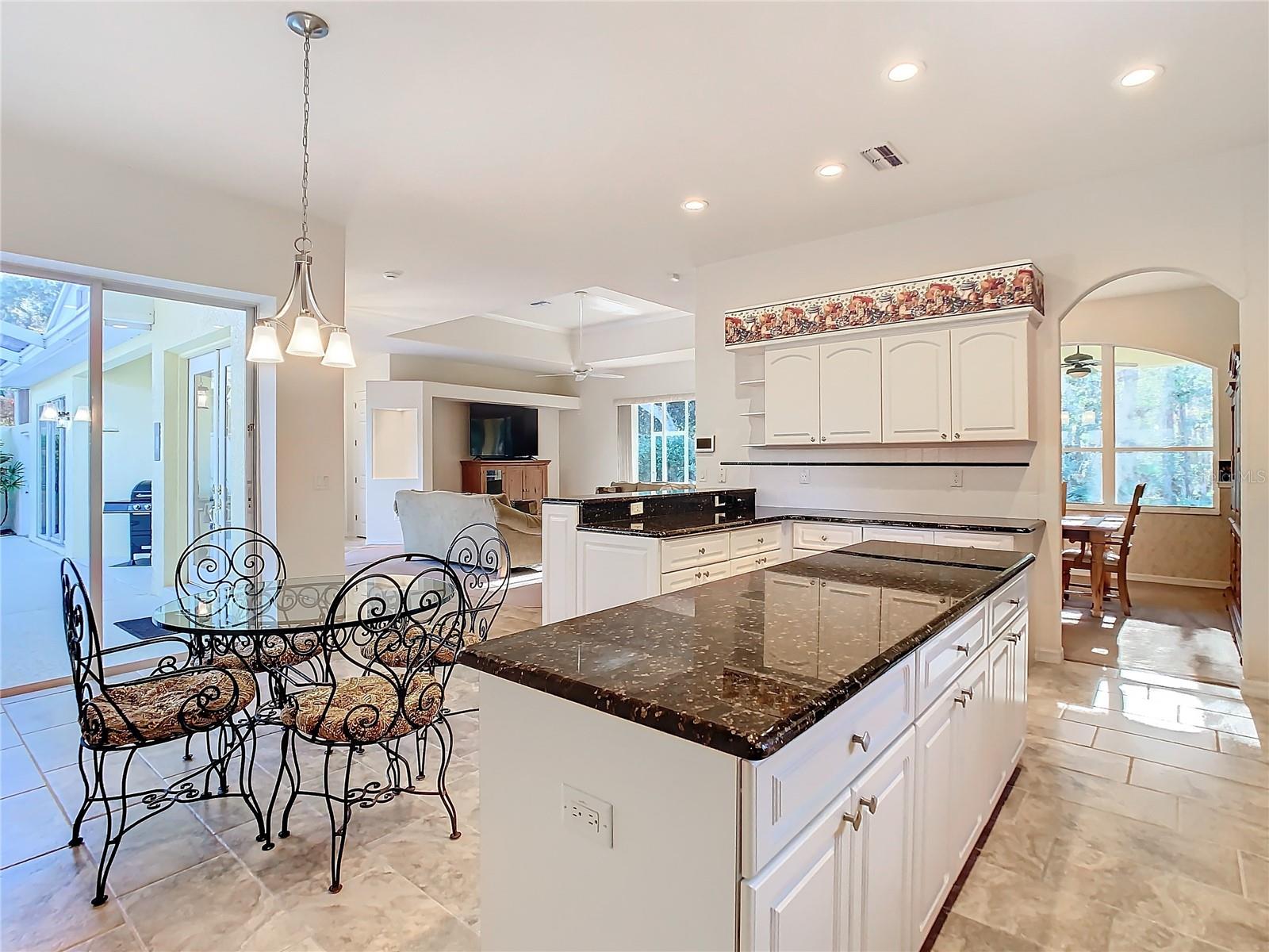 This generously sized eat-in kitchen offers both functionality and a relaxing view of the courtyard pool.