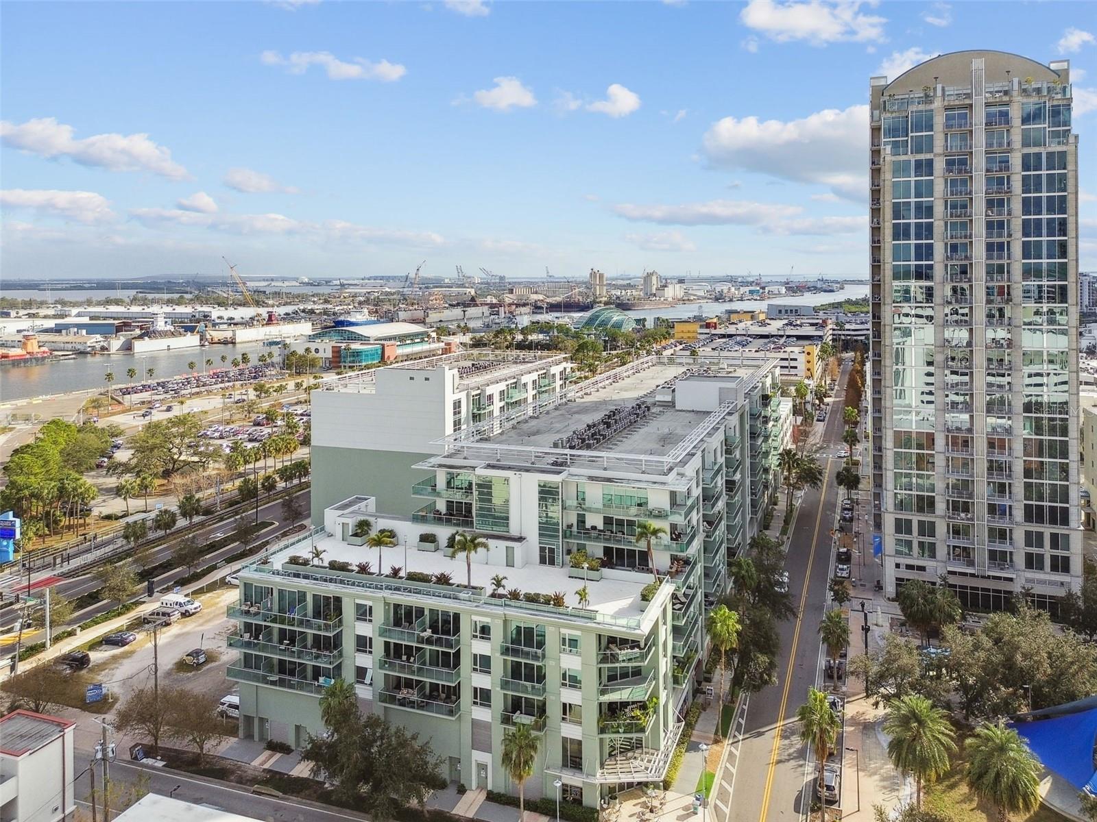 Aerial views of the neighborhood including the Florida Aquarium.