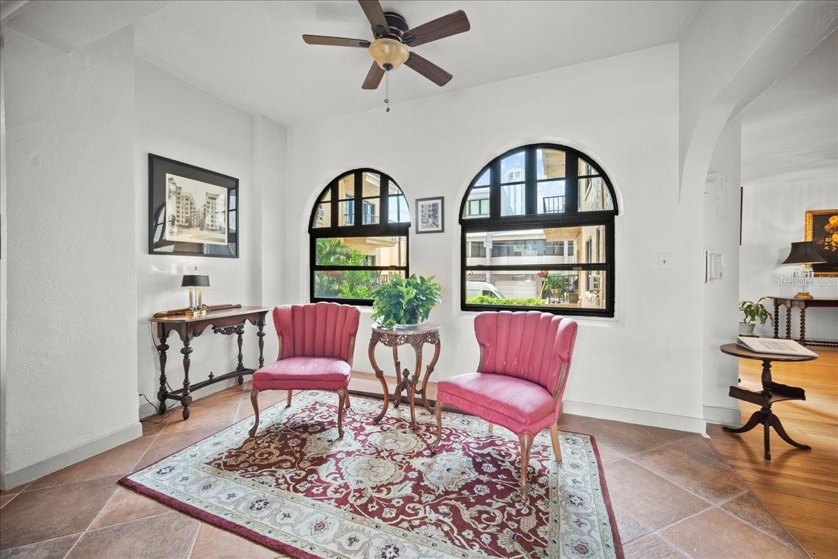 The lobby windows overlook the back courtyard.