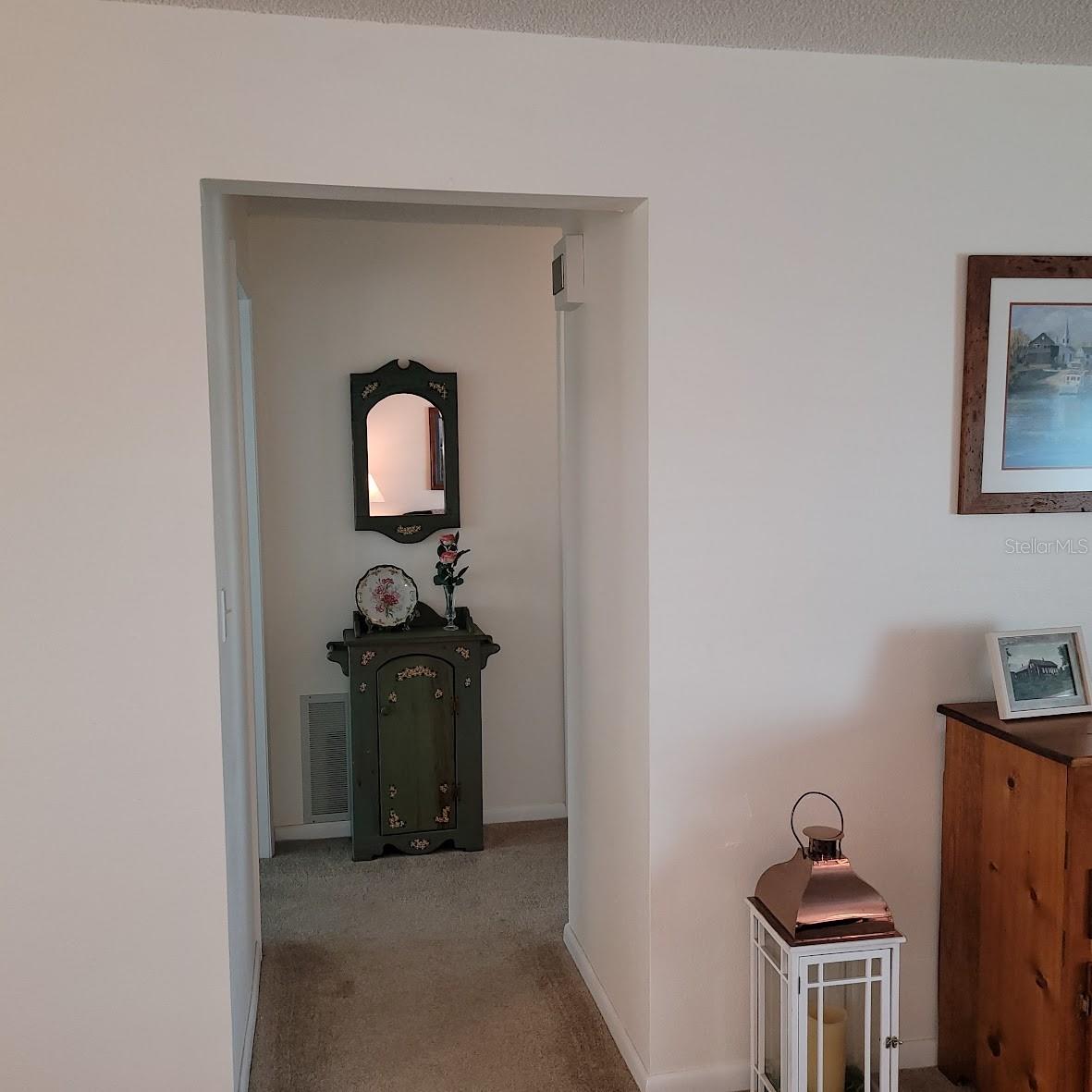 This hallway that is between the front Living Room and Hallway leads to both bedrooms, both bathrooms, and a large hall closet.