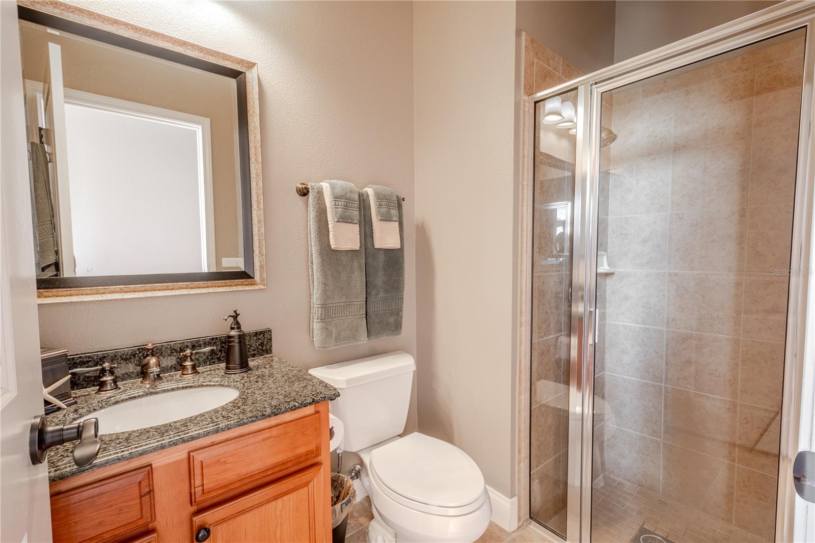 Bathroom 2 features a walk-in shower, mirrored wood vanity with storage and granite counter-top.