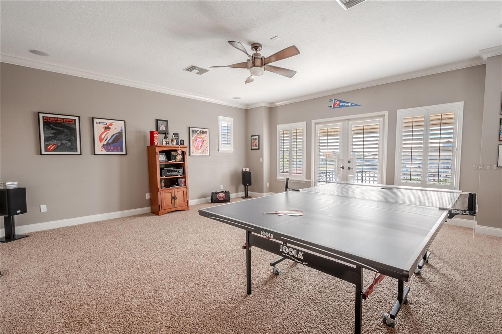 Bedroom 5 is currently used as a game room. It features crown molding, a ceiling fan, warm tones, plusch carpeting and a built in closet.