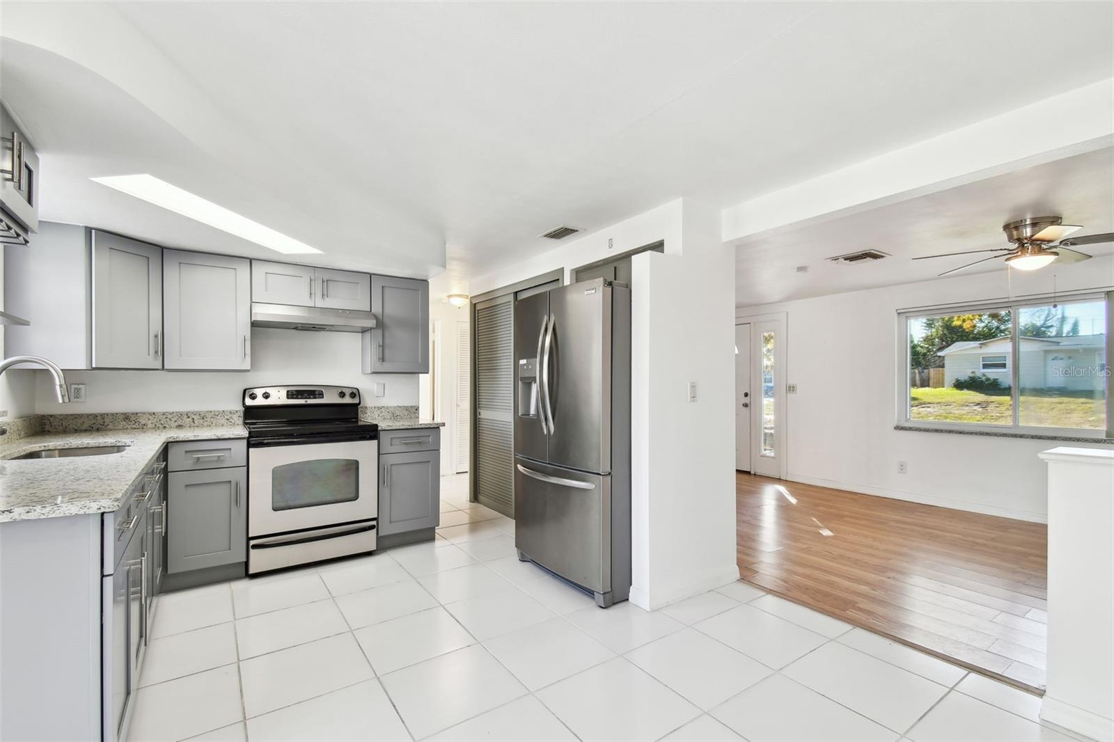 Kitchen transitions into living room