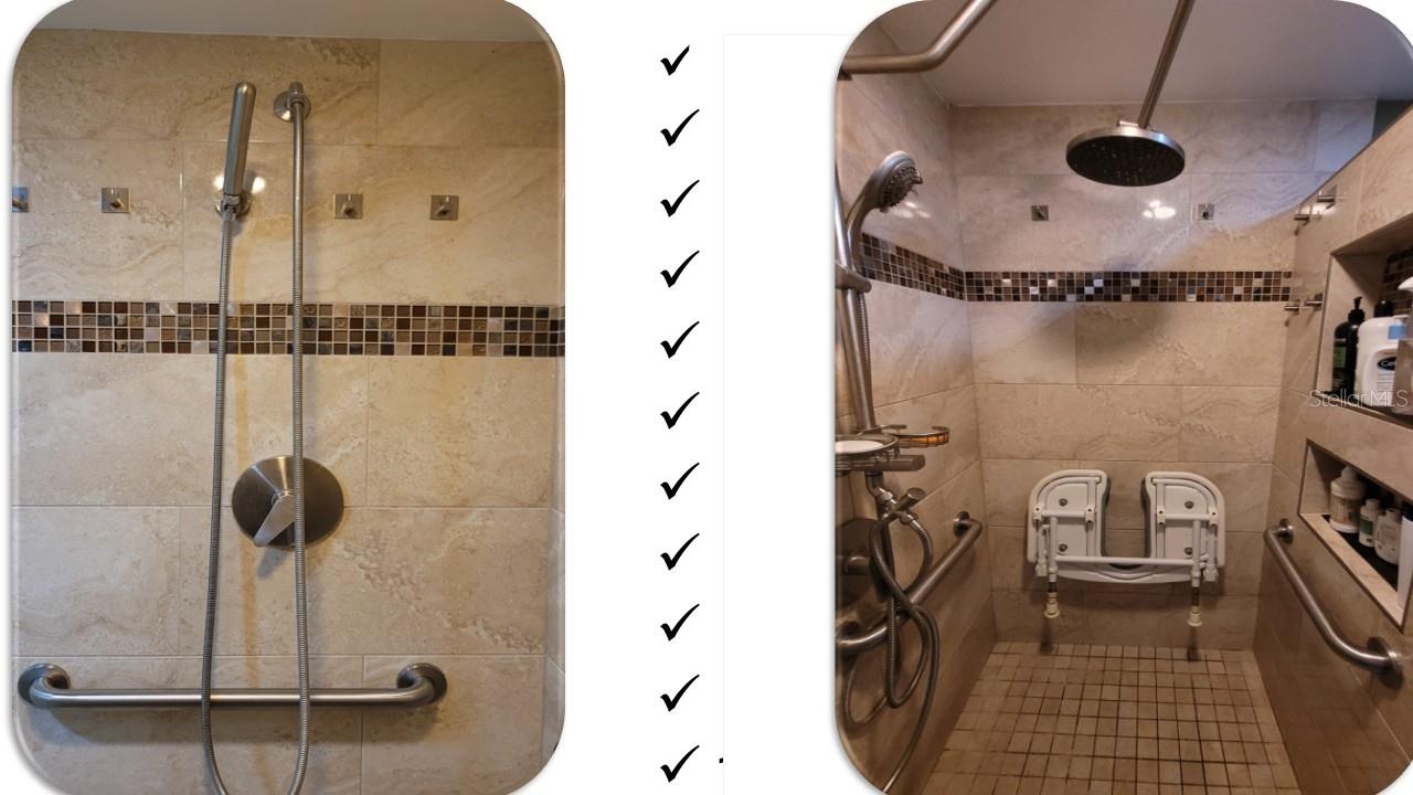 A “dual end” all stainless:  rain shower, 2  hand wands, 1 spray nozzle, 2 shampoo nooks, fully tiled with listello accents, walk in access, fold down seat, 6 grab rails, 12 hang pegs.