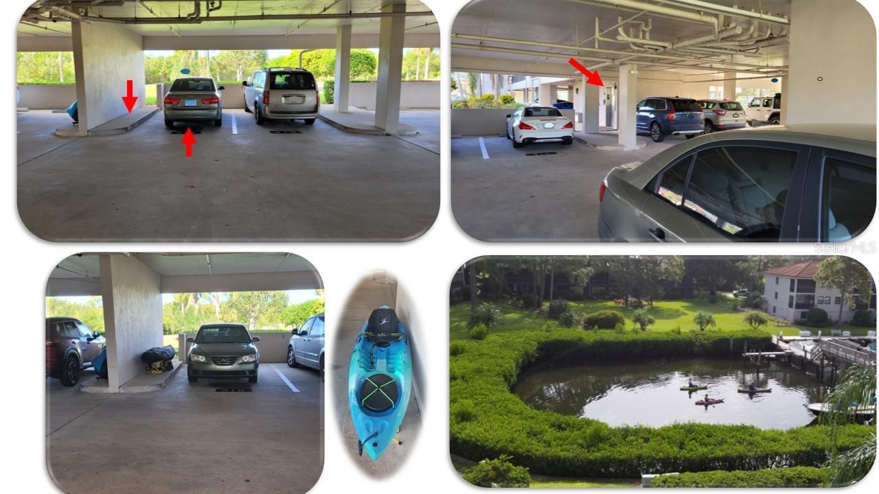 Your assigned garage parking, is less than 20 steps to the  elevator with carts to bring up your bags, and a step up curb along side to keep a kayak that can be  rolled or carried  to the close by kayak launch.