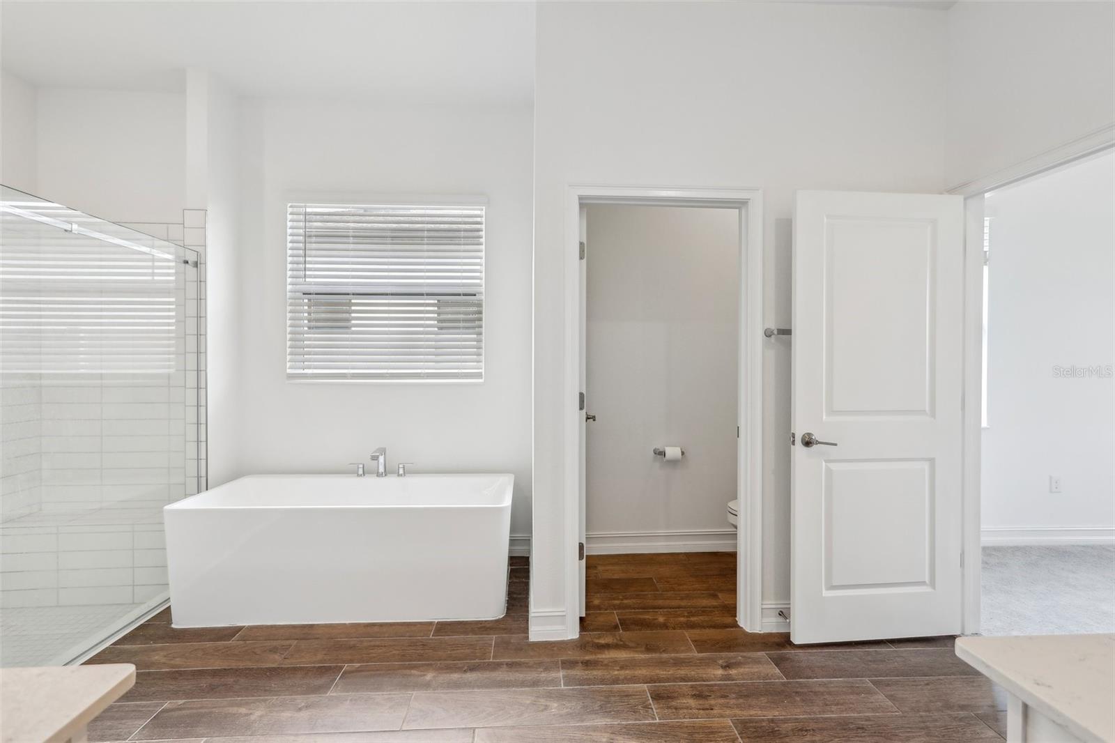 master bathroom with separate free standing tub and oversized shower