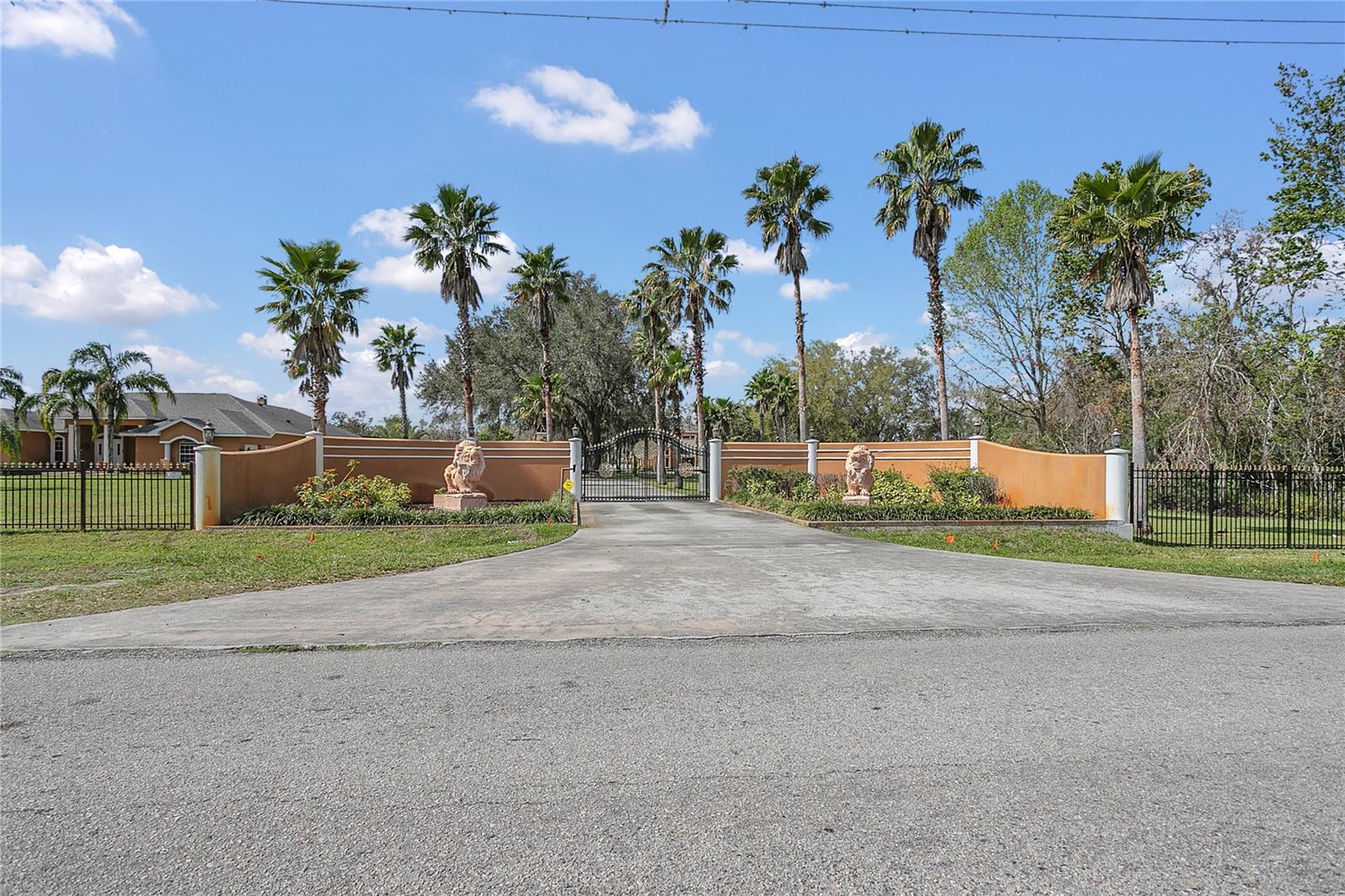 The gated entrance on Cork Rd features a solar-powered automatic gate, with regal lion statues adorning the sides.