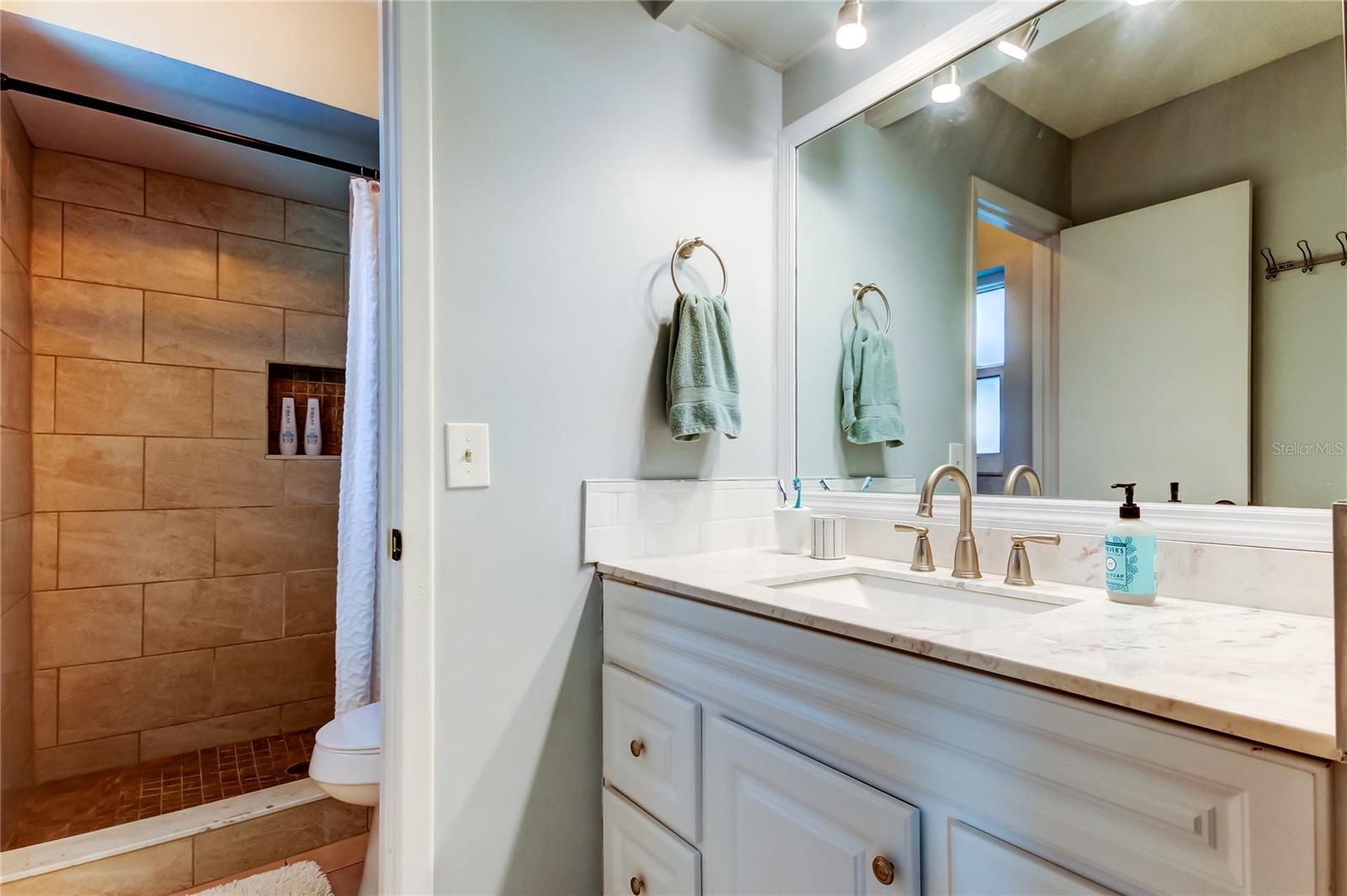 53. Primary Bathroom Overall Footprint (5.8' x 9.6') has a NEW Vanity & UPDATED Tastefully Updated Shower Stall w Niche!