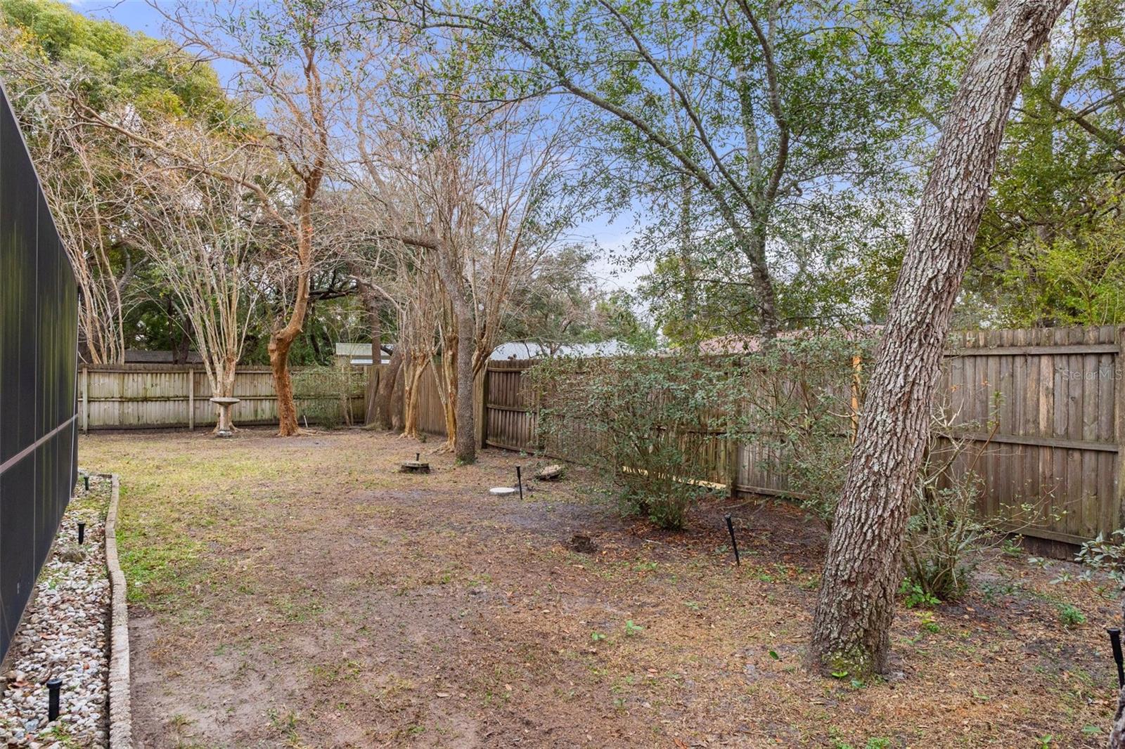 The Backyard is beautiful with a combination of wood and vinyl privacy fencing