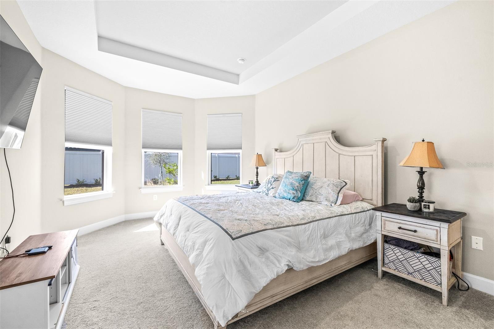 Bright and Airy Primary Bedroom with Trayed Ceiling and Bay Window featuring Custom Black-out Top-Down Shades