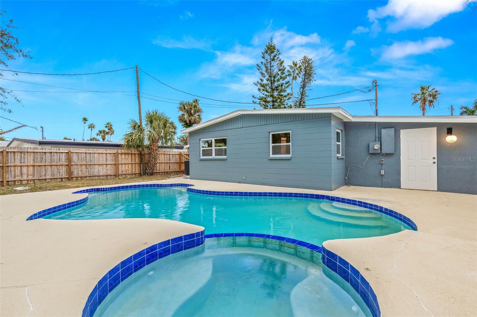 Large backyard patio with pool and spa