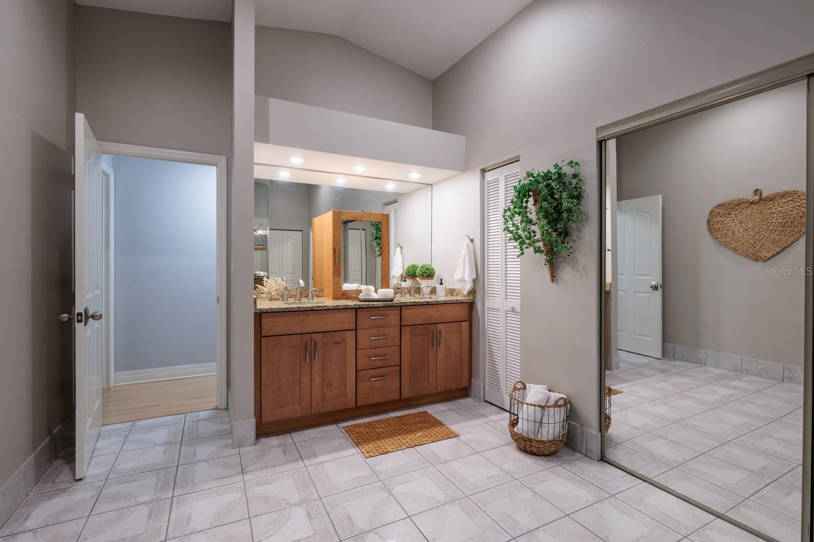 Upstairs Master Bath is beautifully remodeld with lots of storage space and a designer dual vanity.