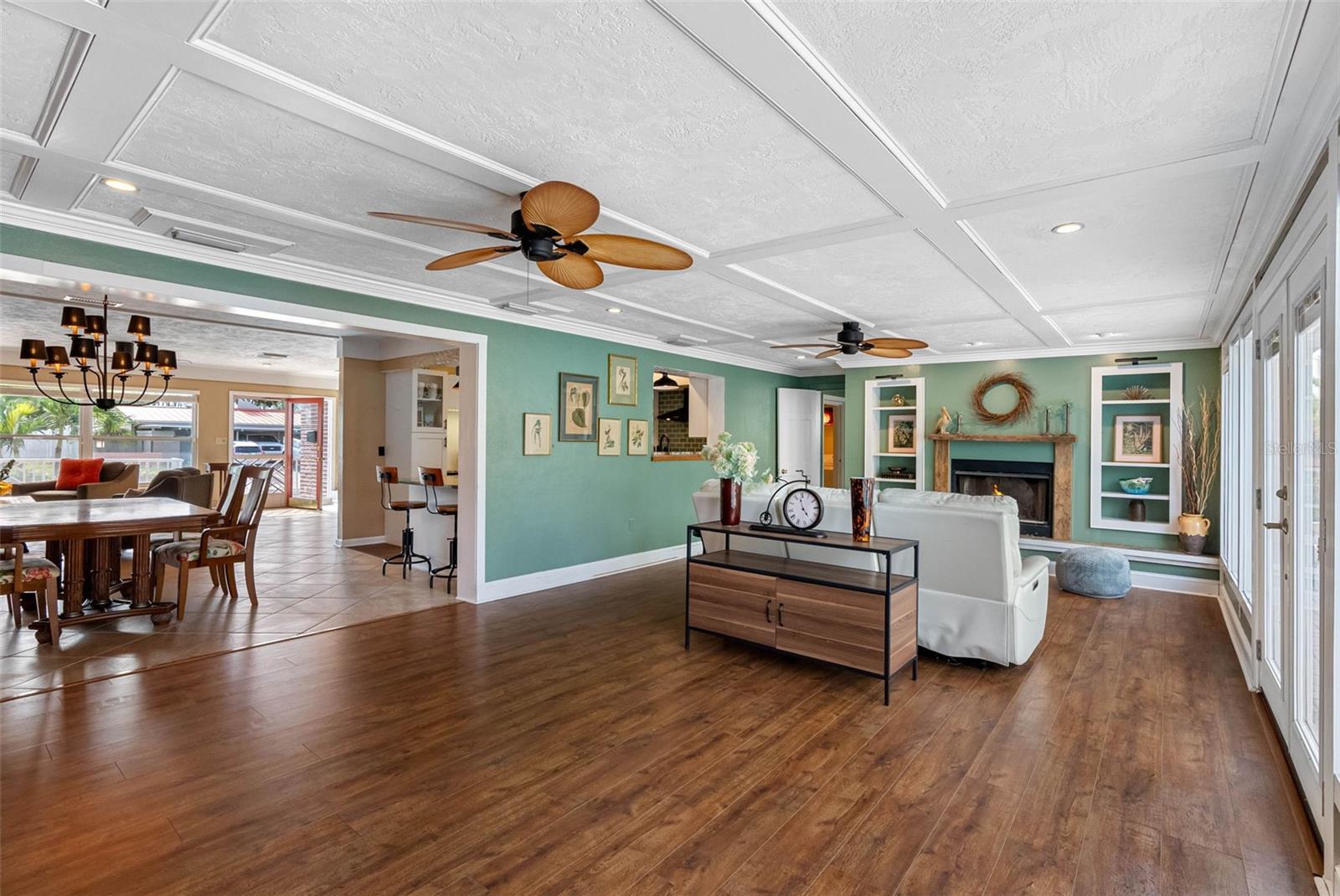 Coffered Ceilings, plaster walls, concrete block home.