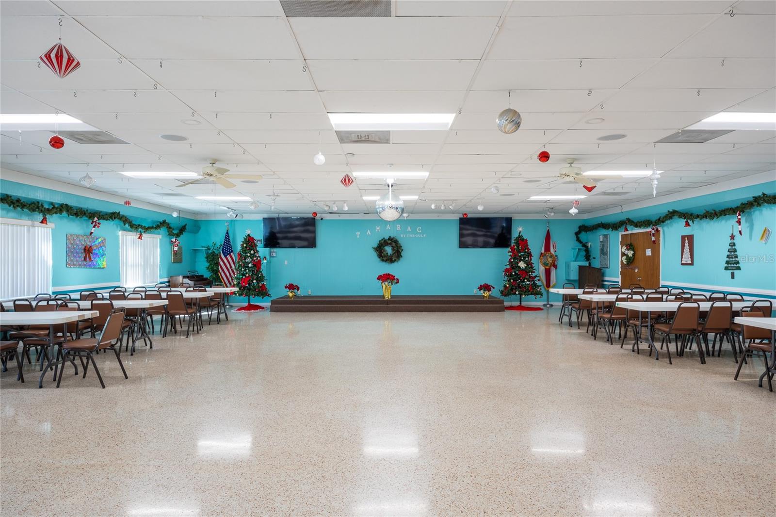 Inside the clubhouse is a large banquet/meeting room.