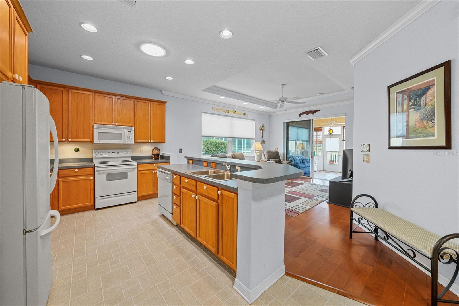 Kitchen opens into living room