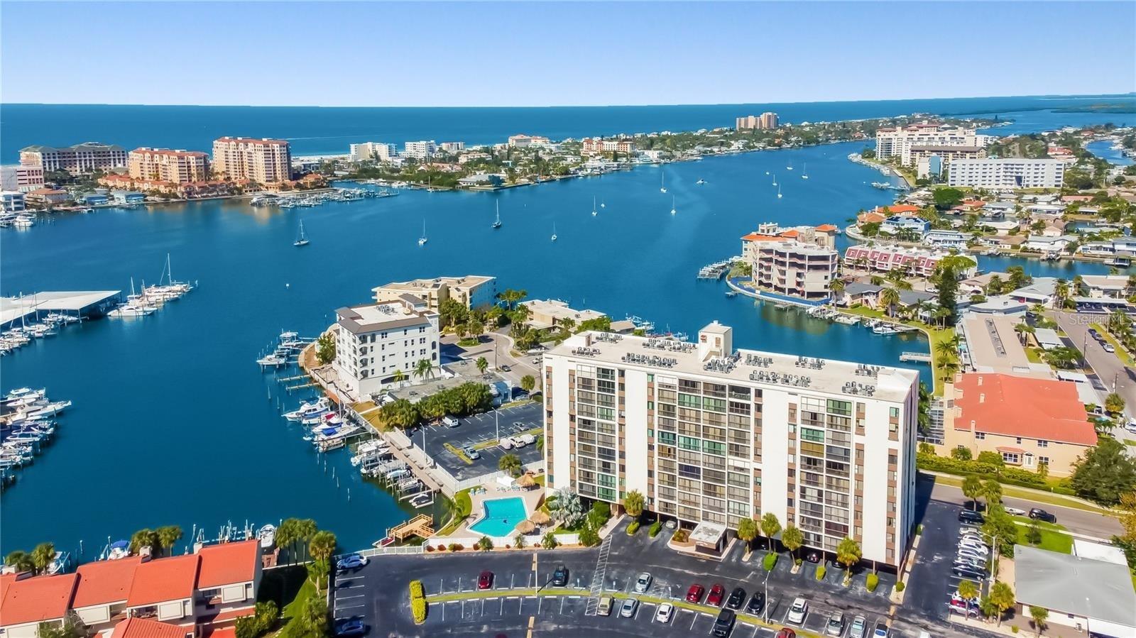 Aerial view, with Clearwater Beach in the background.