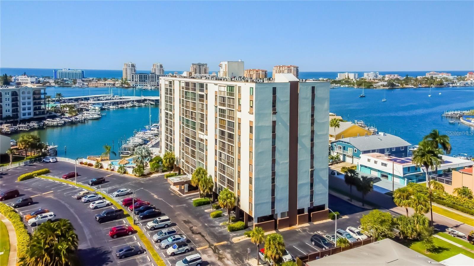 Aerial view, with Clearwater Beach in the background.