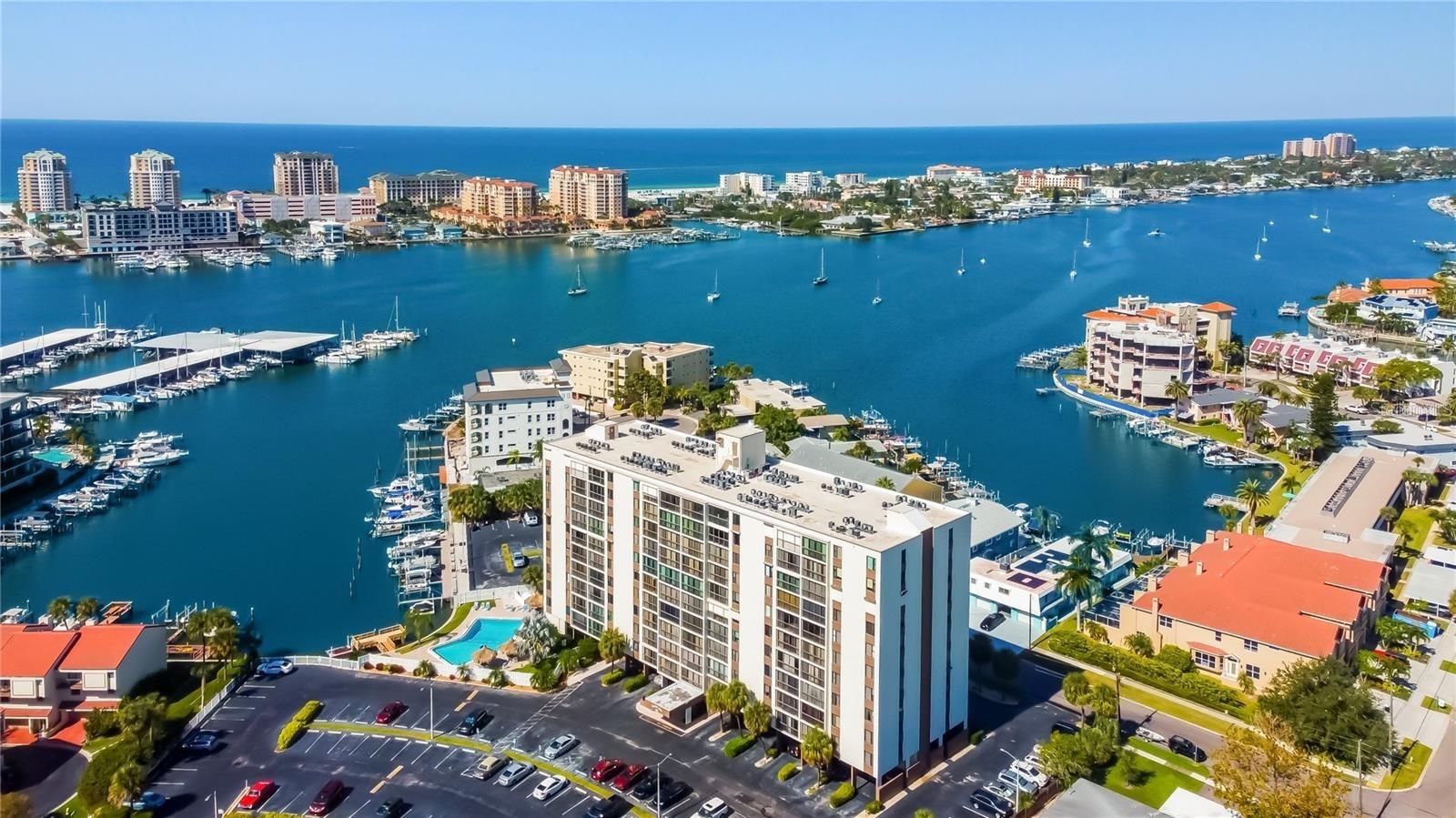 Aerial view, with Clearwater Beach in the background.