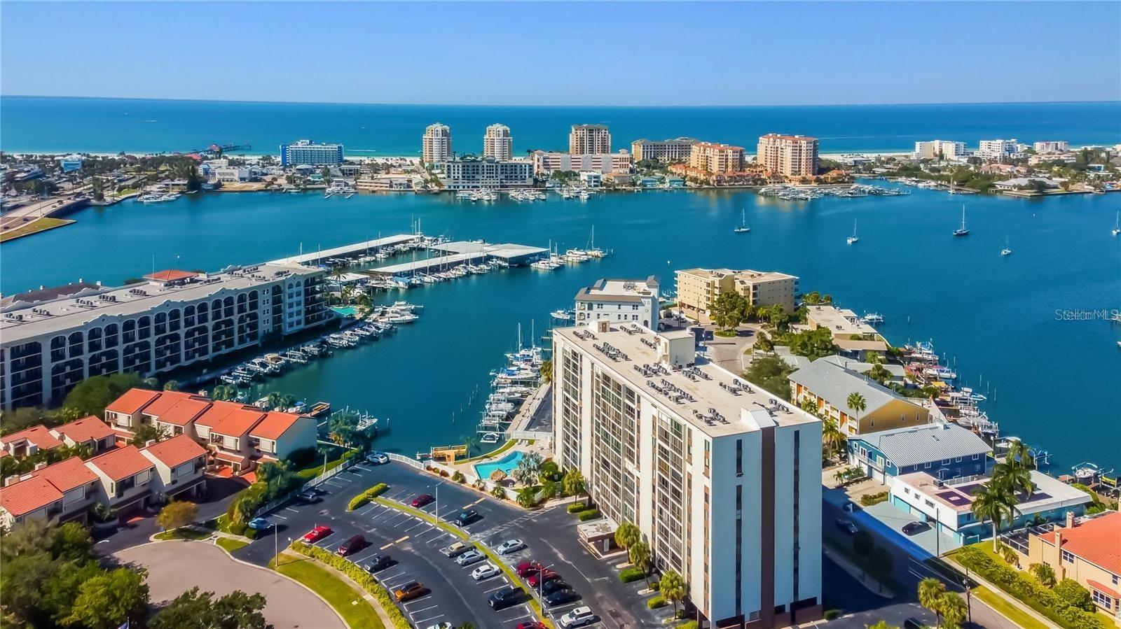 Aerial view, with Clearwater Beach in the background.