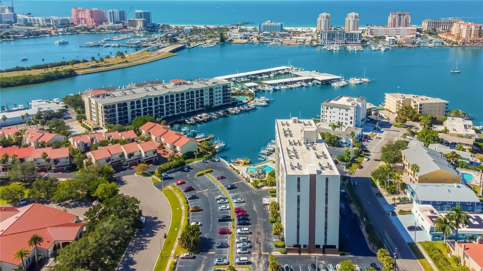 Aerial view, with Clearwater Beach in the background.