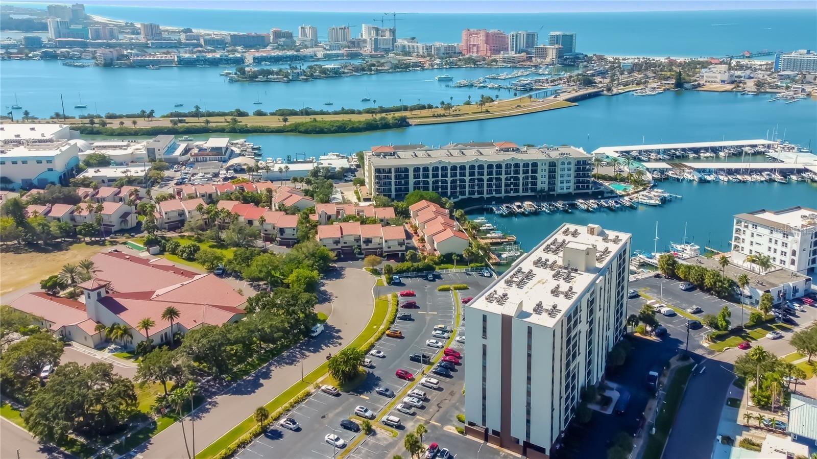 Aerial view, with Clearwater Beach in the background.