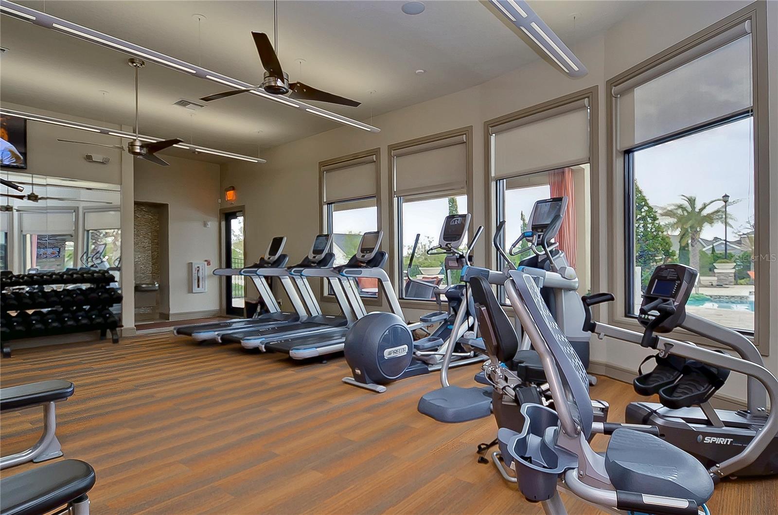 Gym with panoramic views of the pool!