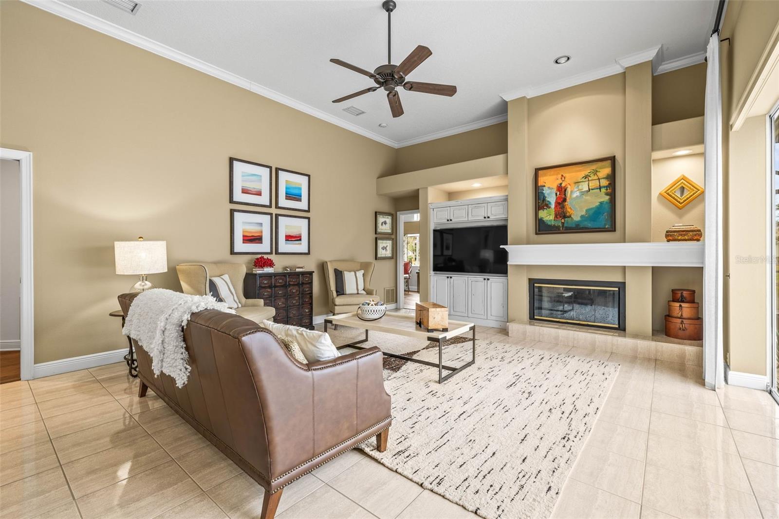 Family room with built-ins and gas fireplace