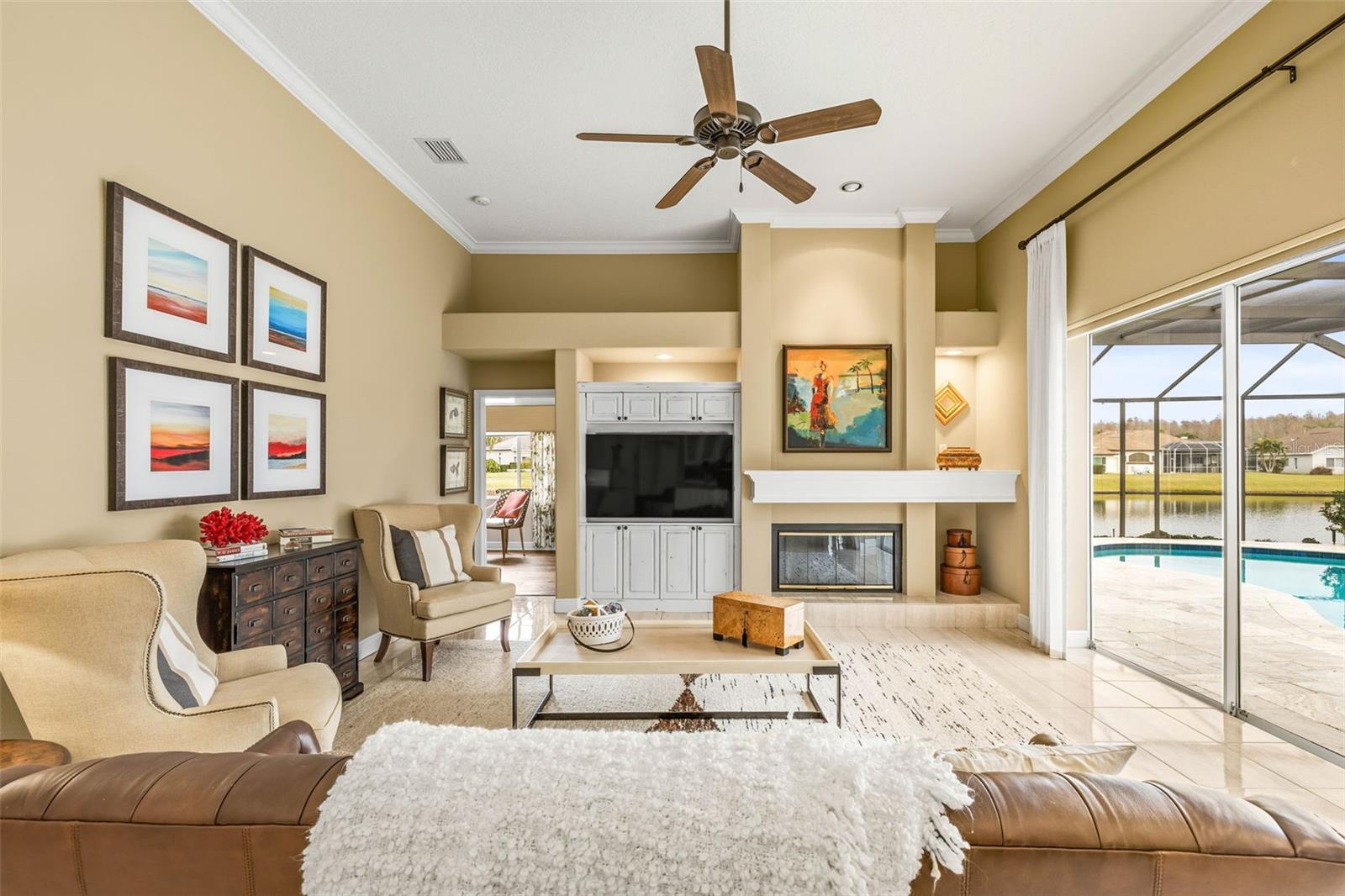 Family room with built-ins and gas fireplace