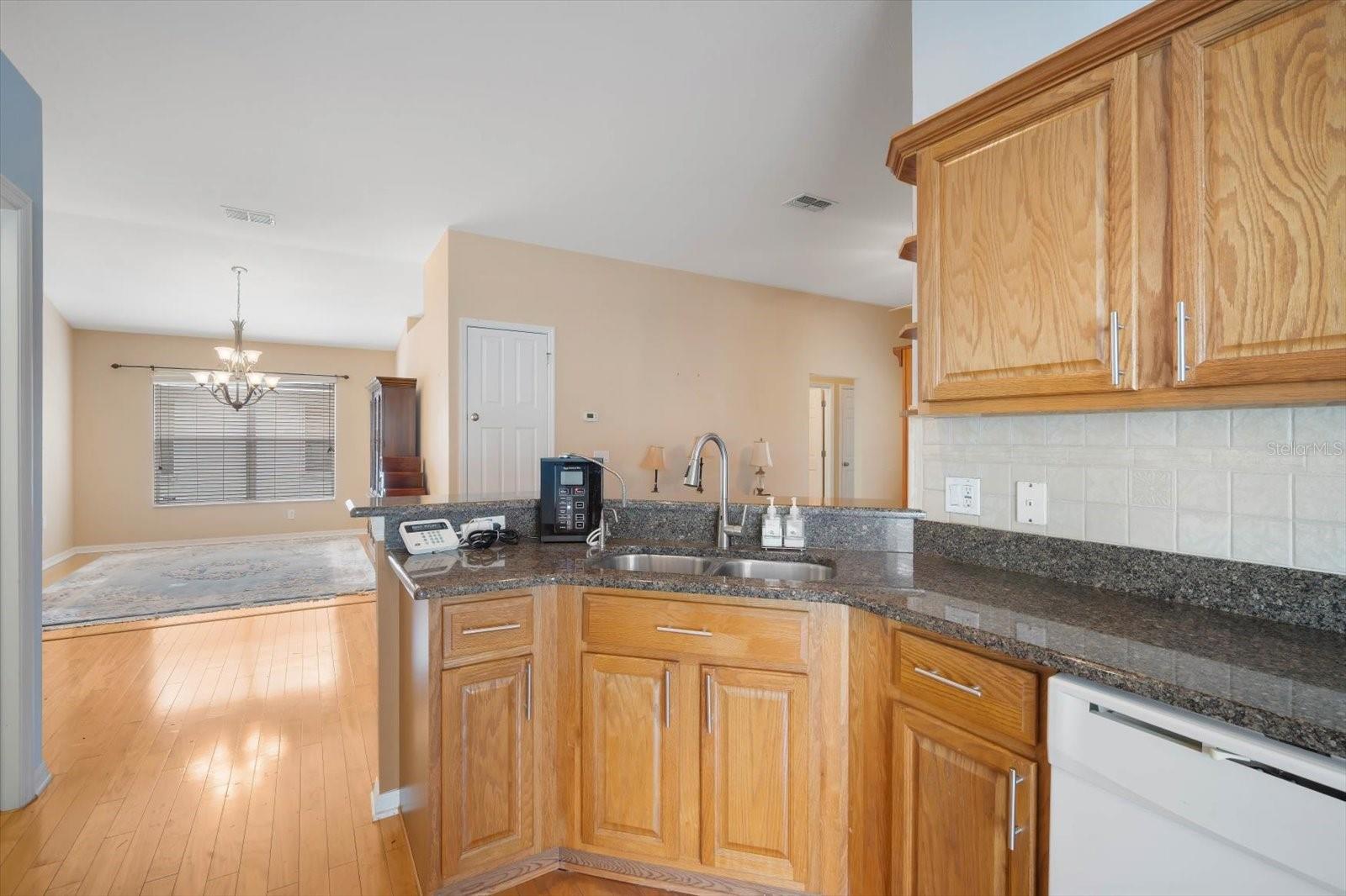 Kitchen overlooking into Dining and Family Room