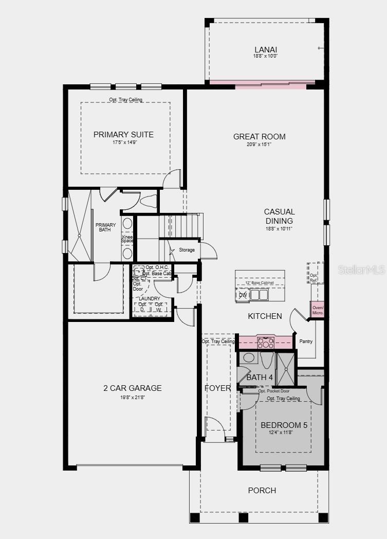 First Floor Plan - Structural options added include: pocket sliding glass door, gourmet kitchen, main floor bedroom with a full bathroom, and outdoor kitchen rough in