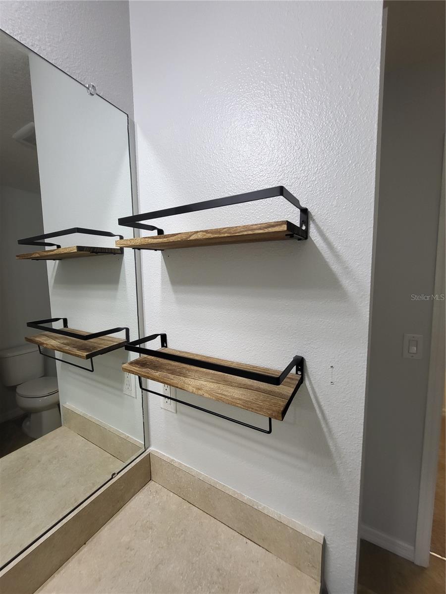 Primary bath vanity and medicine cabinet for easy access to frequently used items.  Spacious linen closet too!