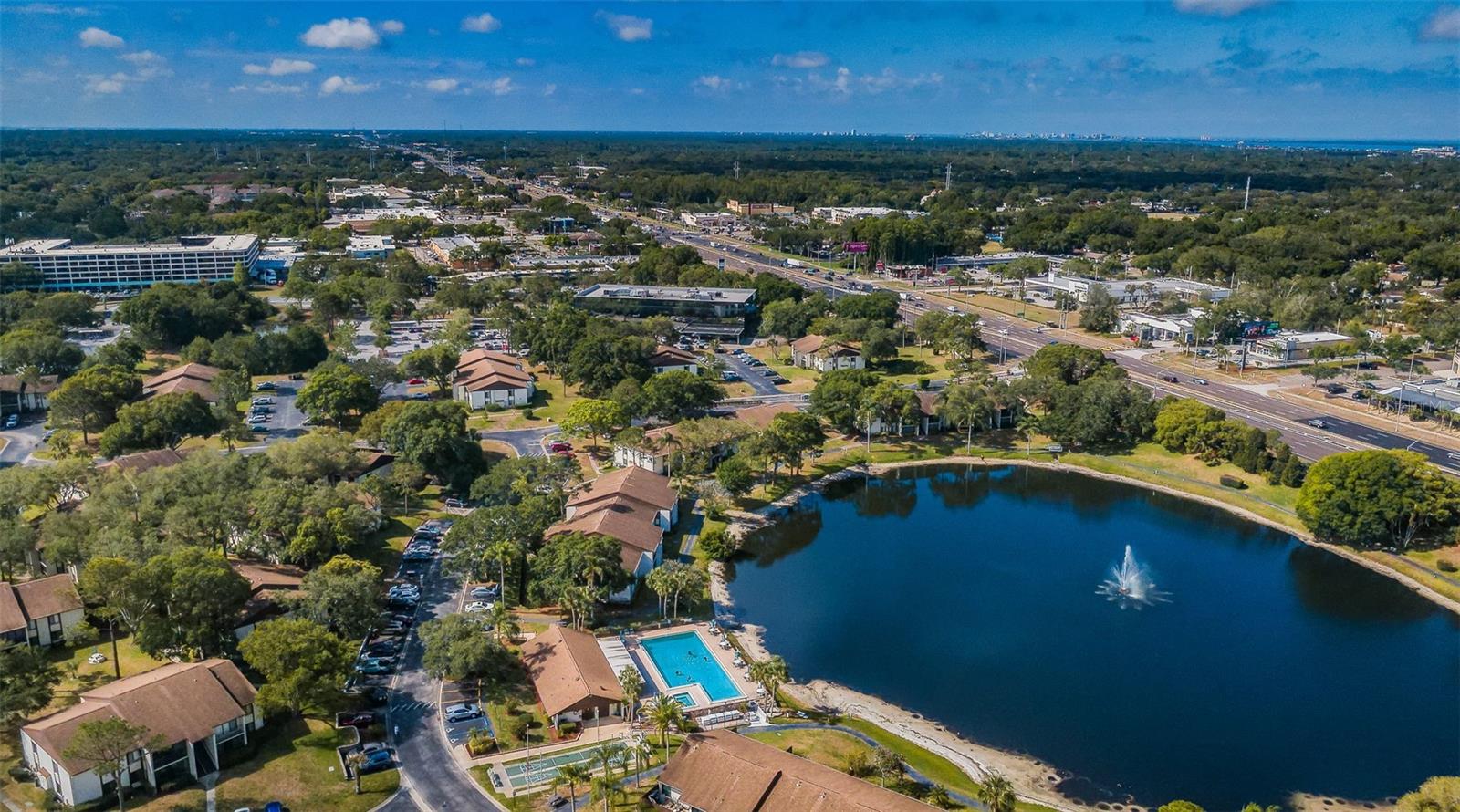 Aerial view of front pond behind pool