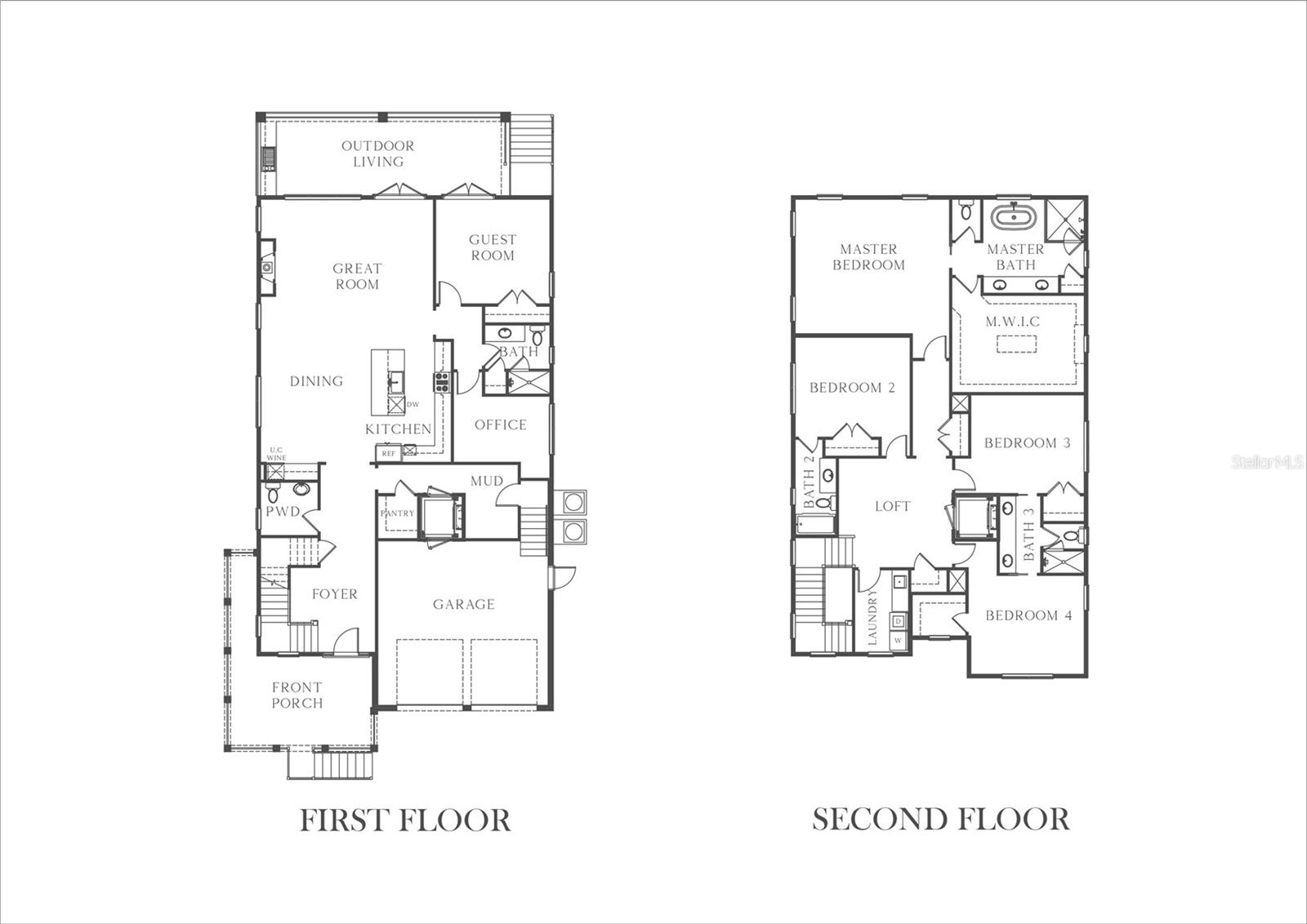 First-floor layout with a first-floor bedroom. 2nd floor layout - 4 bedrooms and three bathrooms + TV loft area