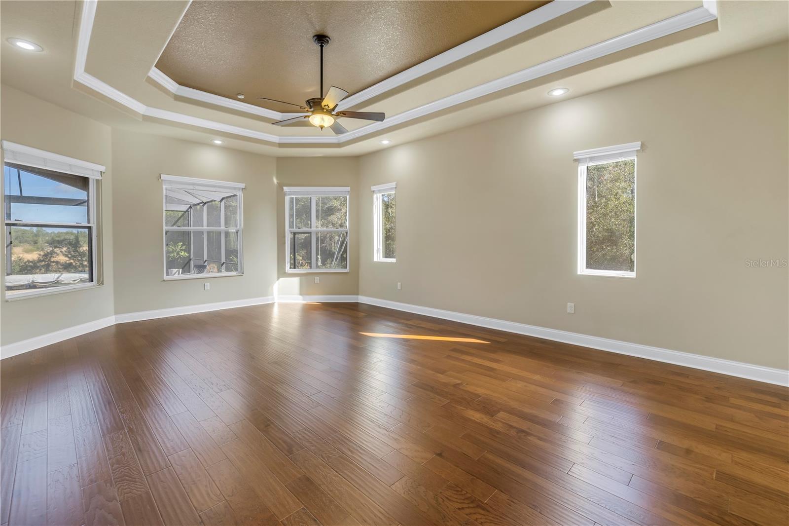 Primary suite with updated floors, tray ceilings and fan