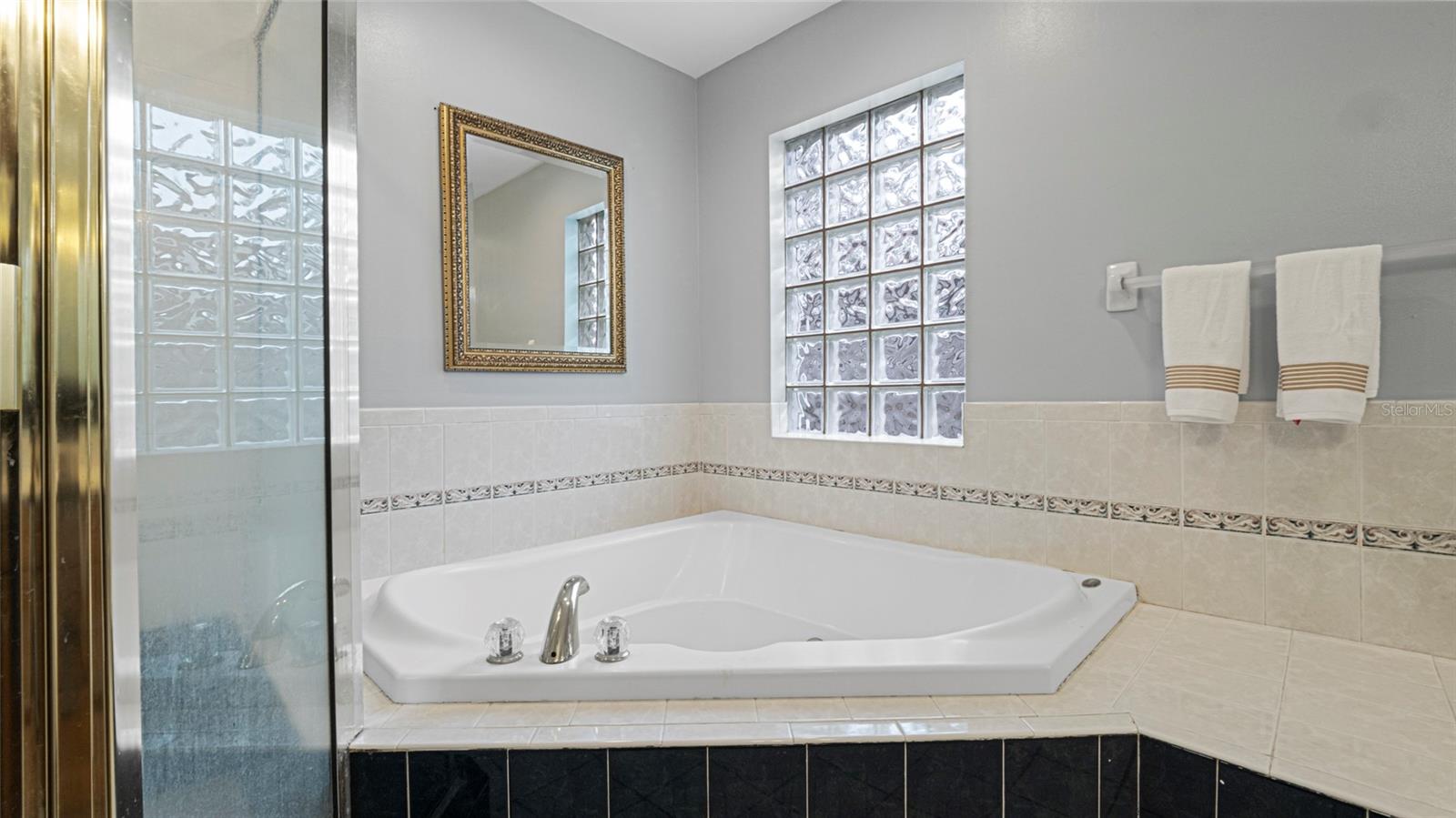 Large corner jetted soaking tub and a separate glass-enclosed shower. Stylish glass block windows offer privacy while filling the space with natural light.