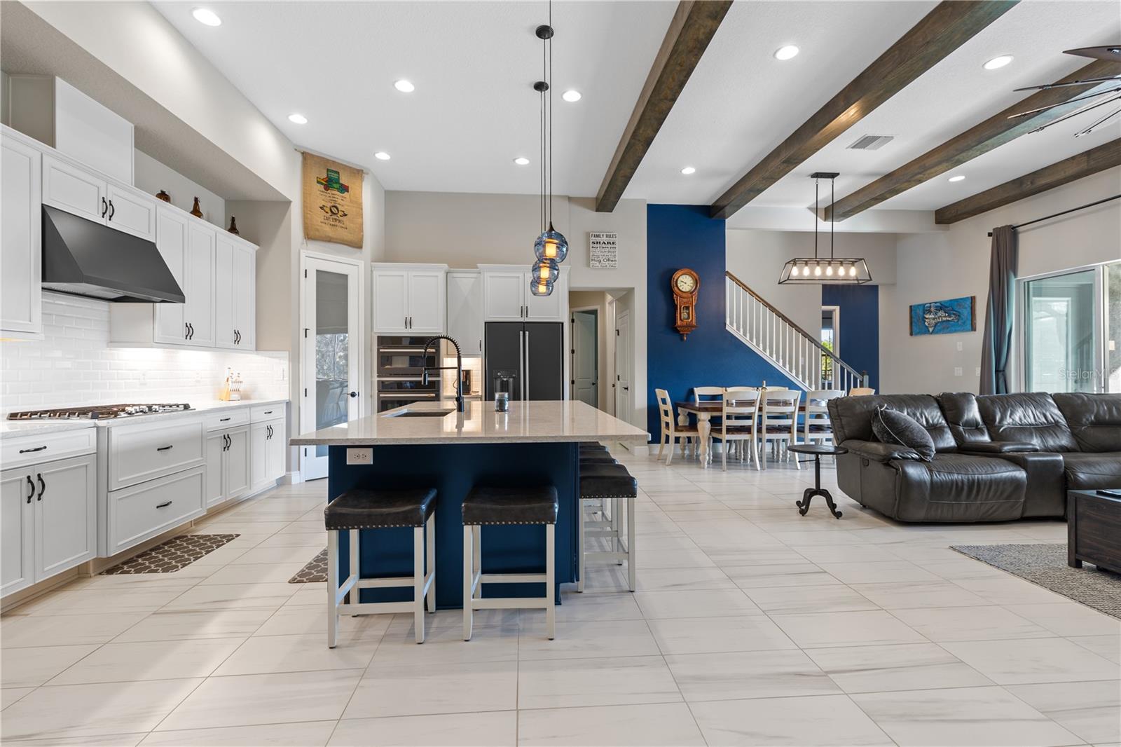 12' ceilings in kitchen and living room, with beautiful wooden beams