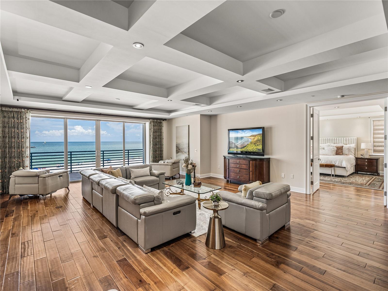 The coffered ceilings add dimension and style.